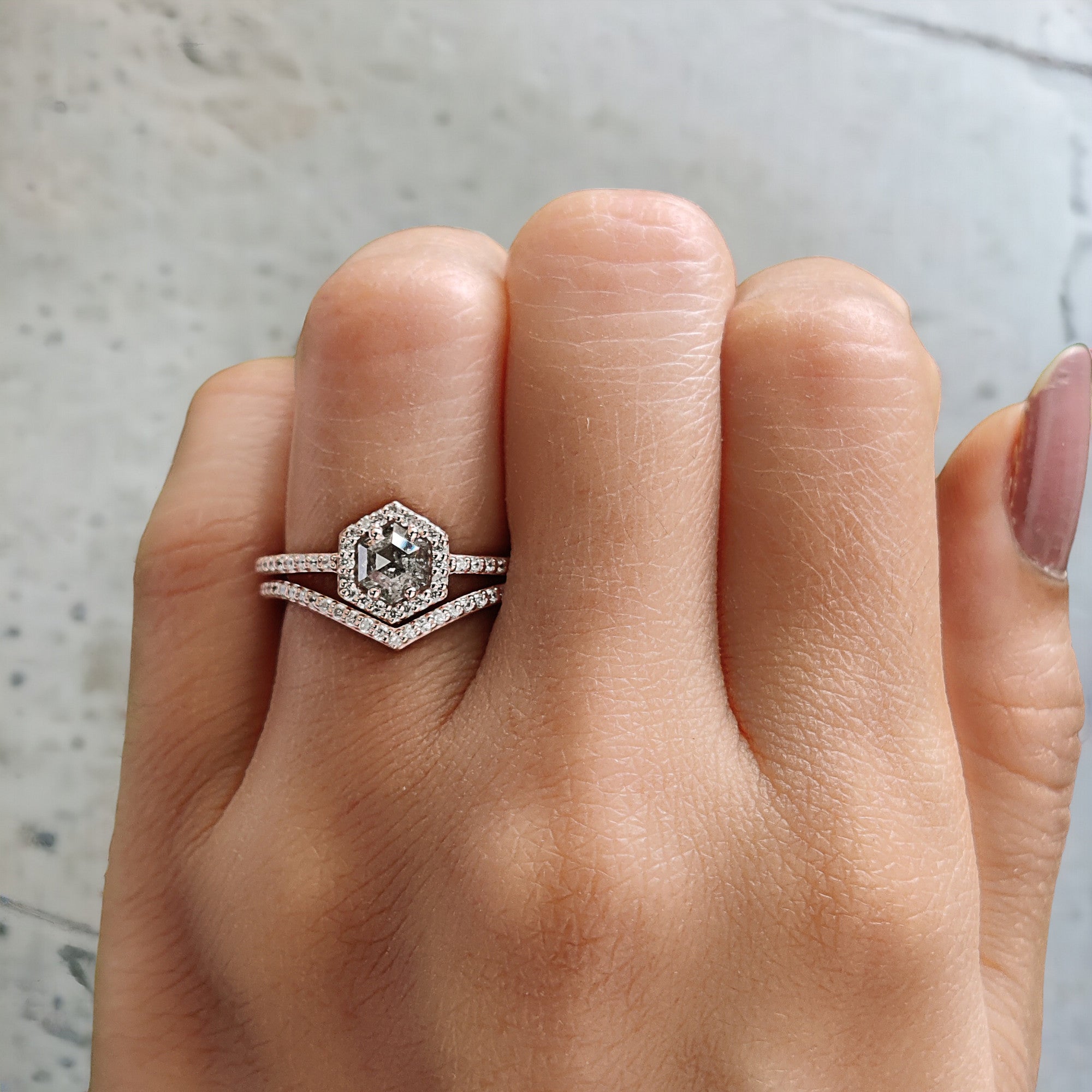Hexagon Salt And Pepper Diamond Ring 0.58 Ct 5.45 MM Hexagon Cut Diamond Ring 14K Solid Rose Gold Silver Engagement Ring Gift For Her QN536