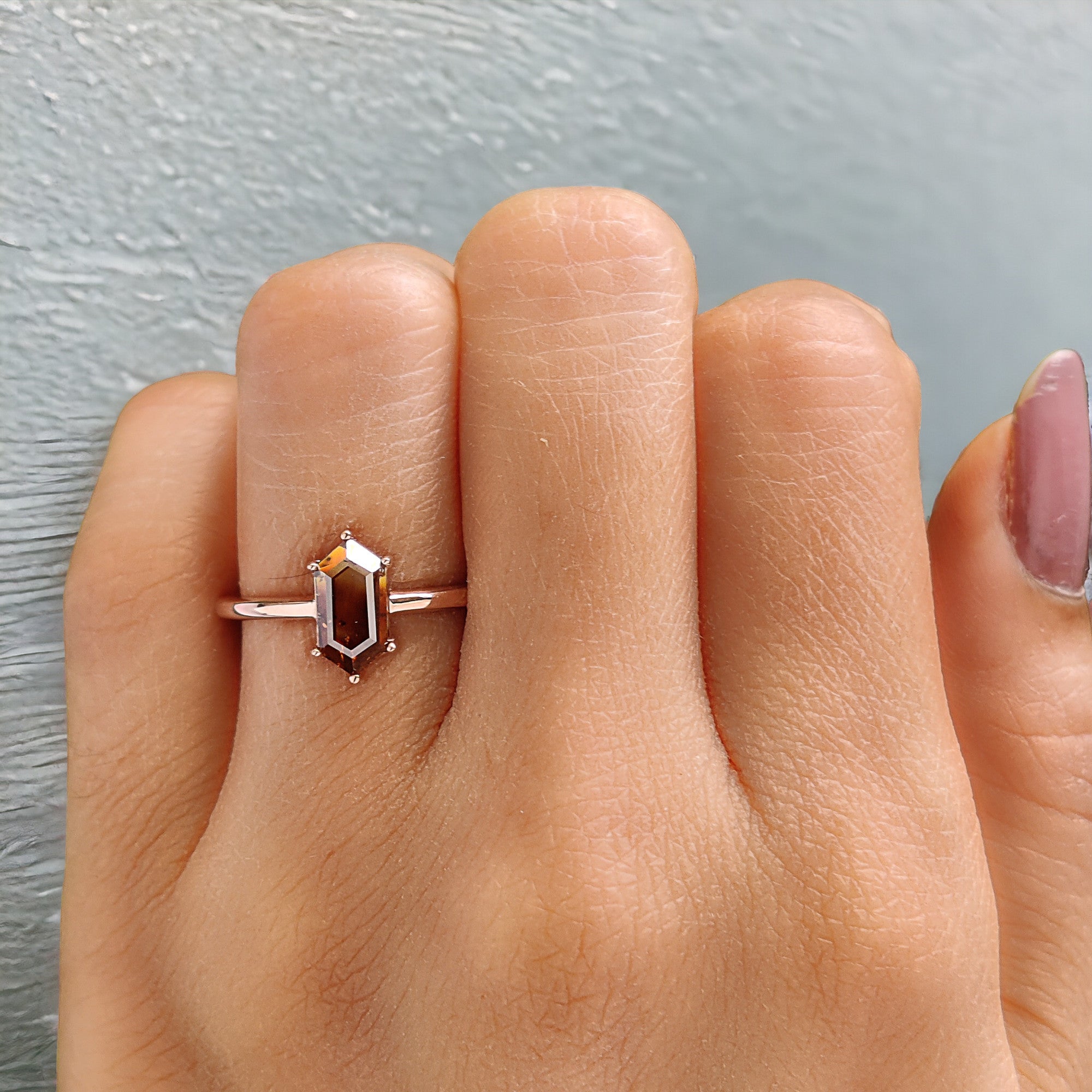 Hexagon Brown Color Diamond Ring 0.93 Ct 8.80 MM Hexagon Shape Diamond Ring 14K Solid Rose Gold Silver Engagement Ring Gift For Her QL1657