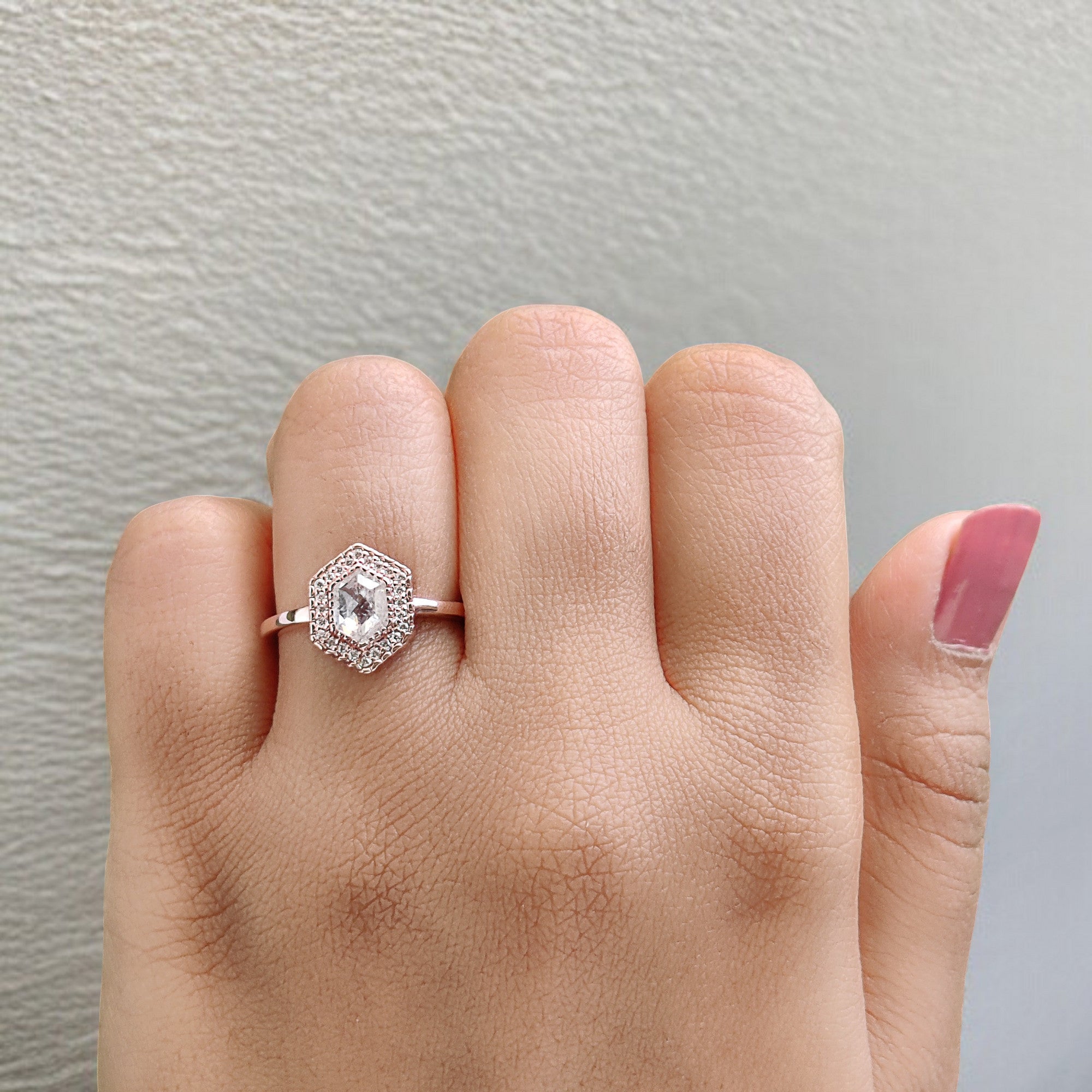 Hexagon Cut Salt And Pepper Diamond Ring 0.79 Ct 6.50 MM Hexagon Diamond Ring 14K Solid Rose Gold Silver Engagement Ring Gift For Her QL2587