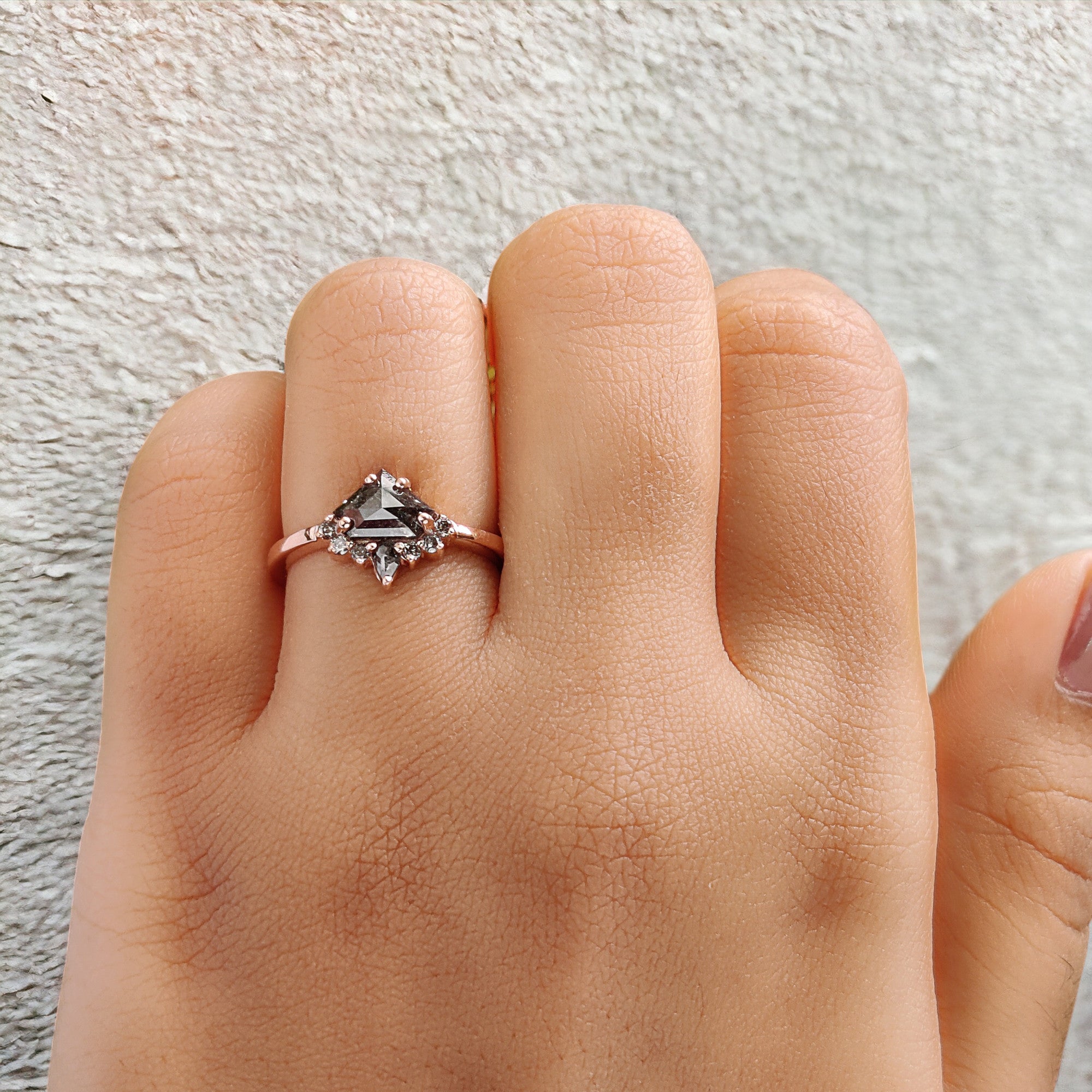 Shield Cut Salt And Pepper Diamond Ring 0.90 Ct 5.55 MM Shield Diamond Ring 14K Solid Rose Gold Silver Engagement Ring Gift For Her QN767