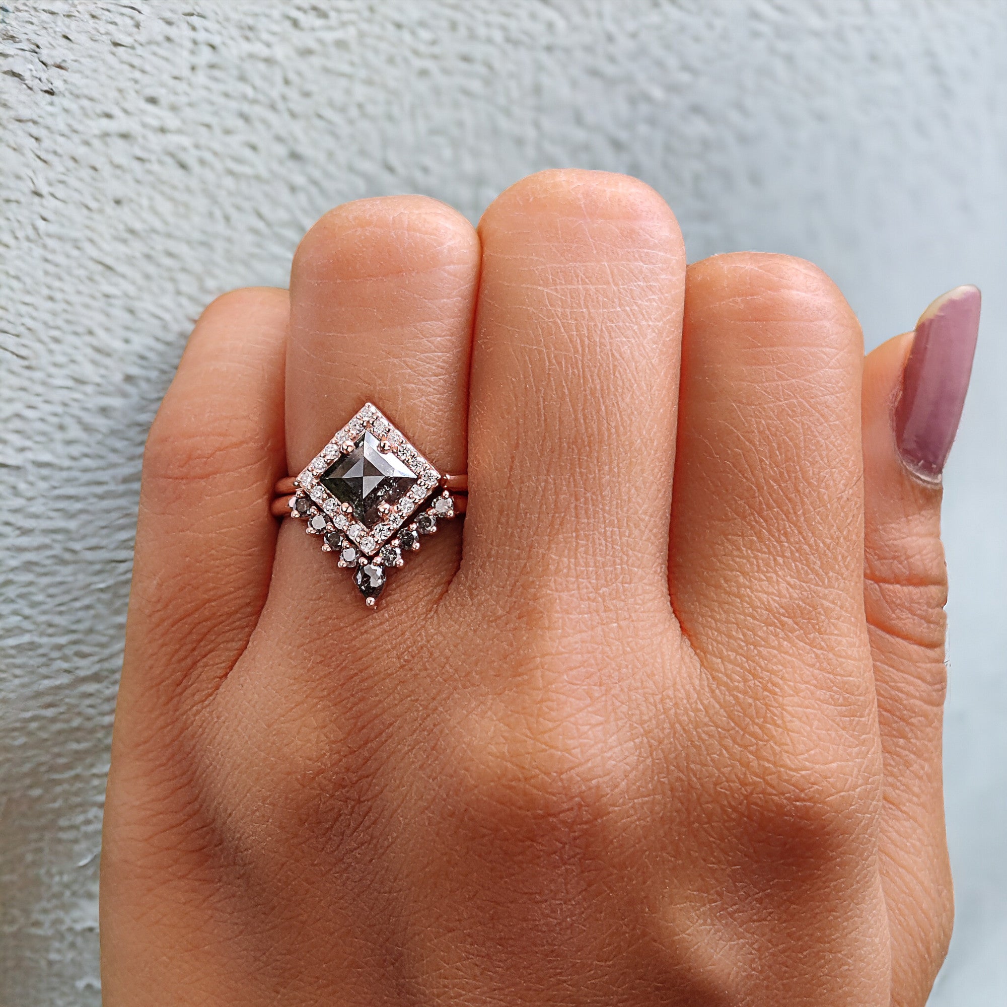 Kite Cut Salt And Pepper Diamond Ring 0.88 Ct 7.79 MM Kite Diamond Ring 14K Solid Rose Gold Silver Kite Engagement Ring Gift For Her QL2107