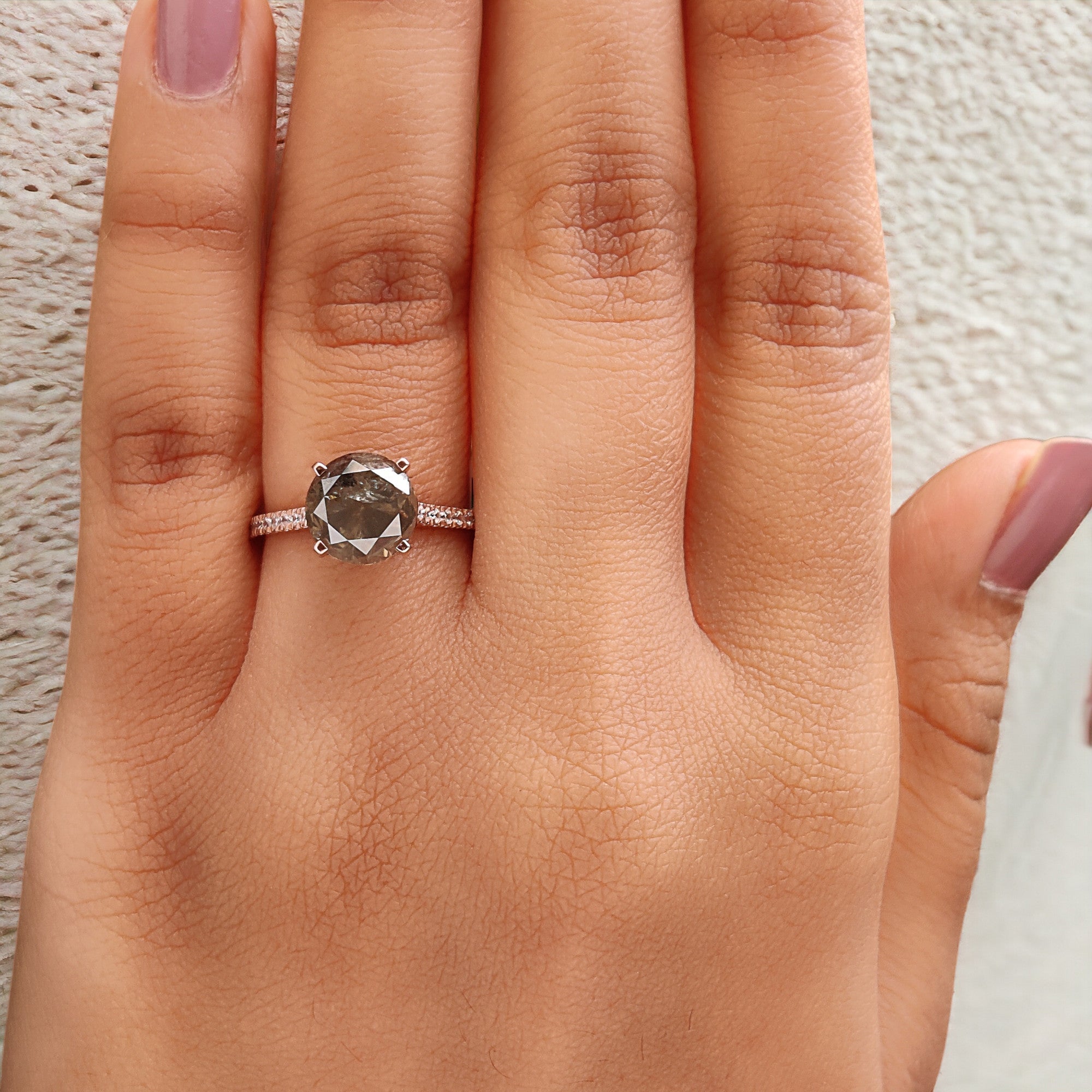 Round Cut Salt And Pepper Diamond Ring 2.84 Ct 8.15 MM Round Diamond Ring 14K Solid Rose Gold Silver Engagement Ring Gift For Her QL8876