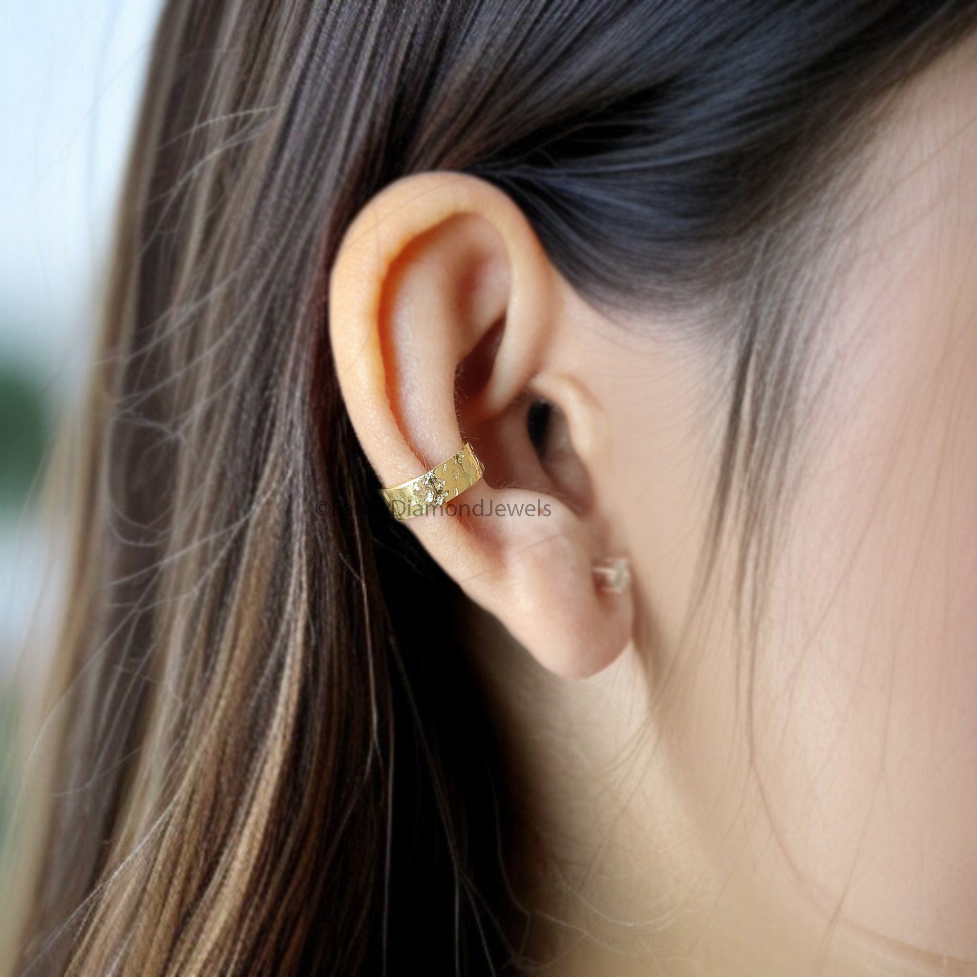 Dainty Single Band Ear Cuff Earring Hammered Sterling Silver Ear Cuff Simple earring Yellow Gold Ear Wrap Cuff FD345