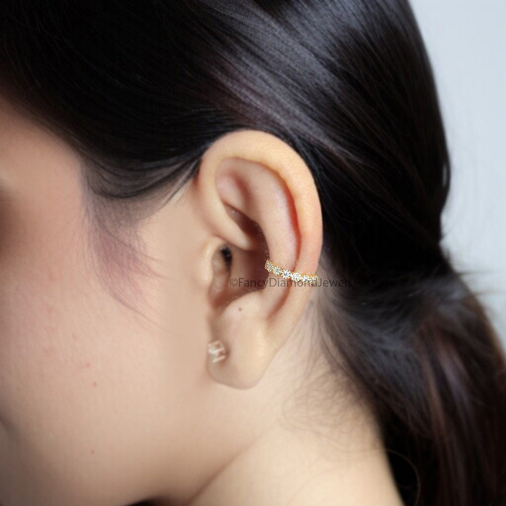 Round Brilliant Cut Colorless Moissanite Diamond Ear Cuff Conch Ear Cuff Sterling Silver Helix Piercing Yellow Gold Ear Wrap FD357