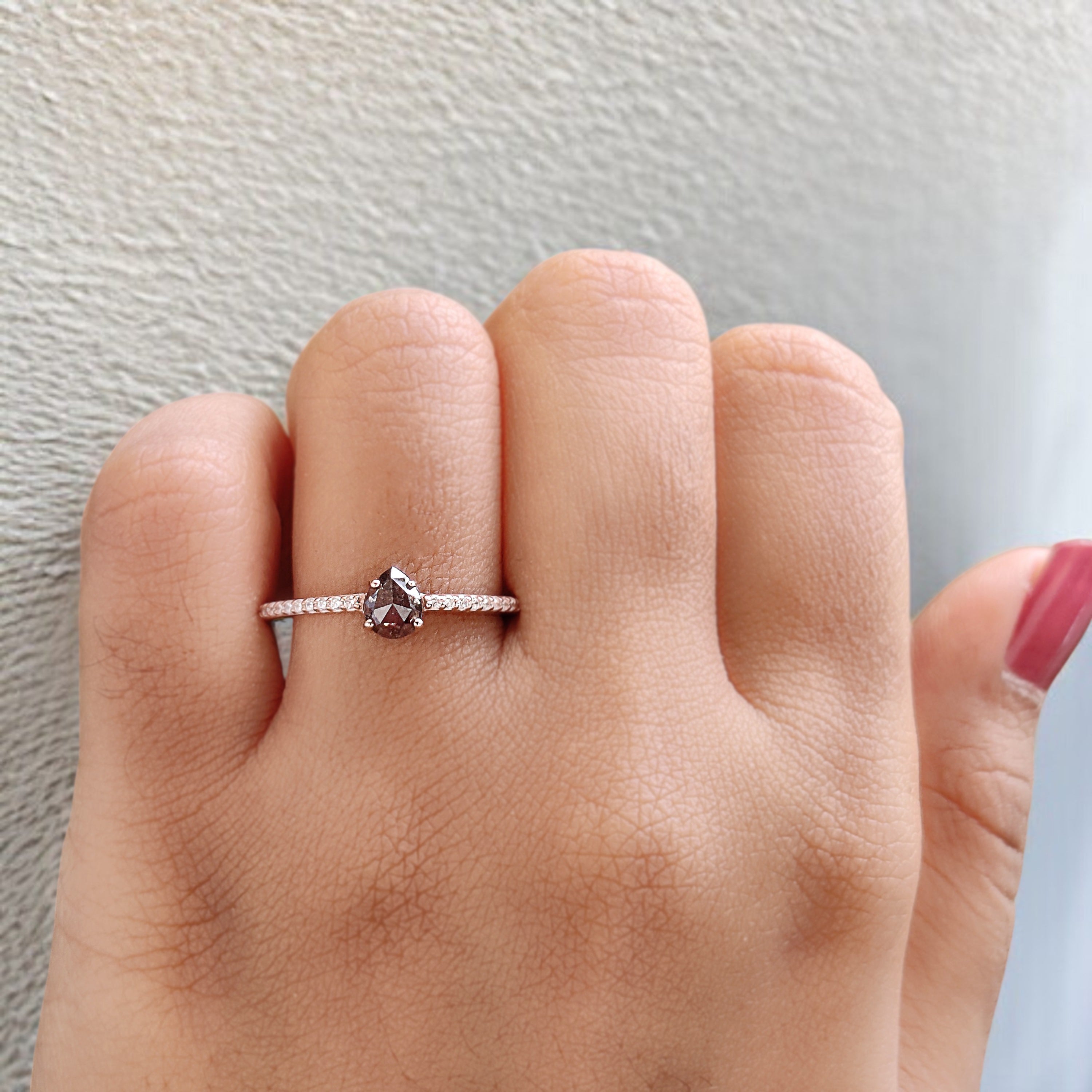 Pear Cut Salt And Pepper Diamond Ring 0.44 Ct 5.40 MM Pear Diamond Ring 14K Solid Rose Gold Silver Engagement Pear Ring Gift For Her KD1113