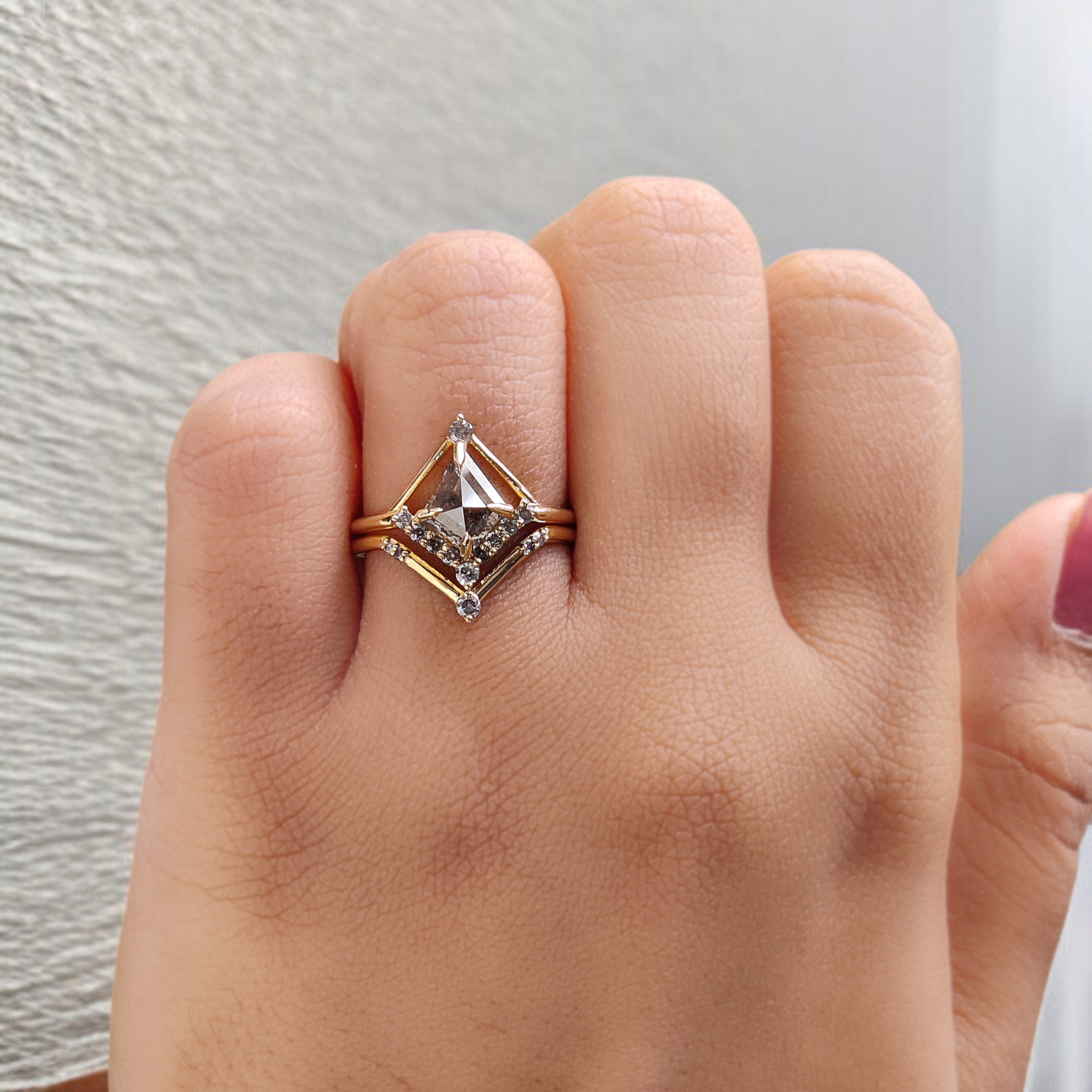 Kite Cut Salt And Pepper Diamond Ring 1.05 CT 8.55 MM Kite Diamond Wedding Ring Set Yellow Gold Silver Engagement Ring Gift For Her KDL3325