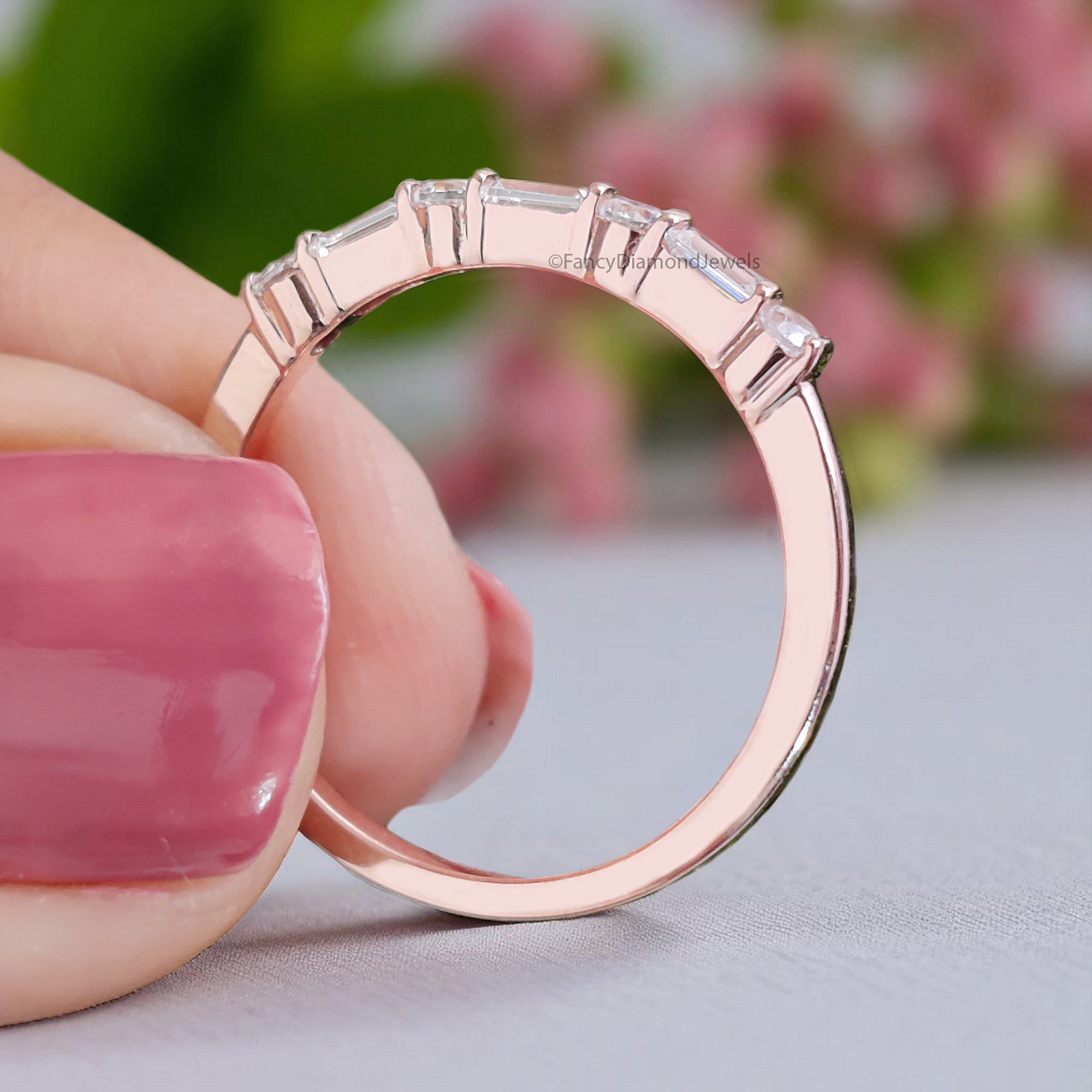 Baguette And Round Diamond Wedding Band Silver/10K/14K/18K Gold Half Eternity Minimalist stacking dainty matching anniversary ring KD893