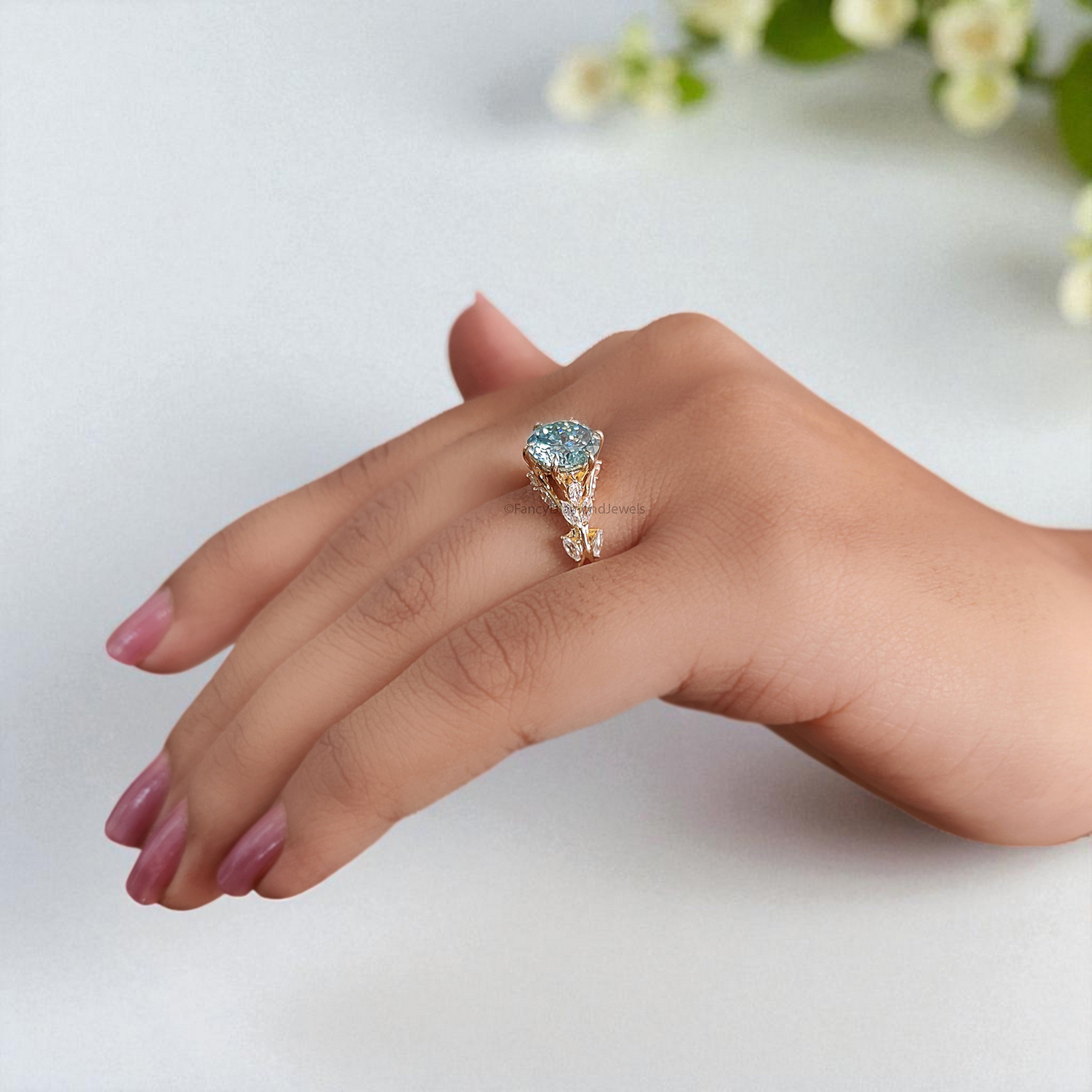 Floral Round Portuguese Cut Moissanite Engagement Ring Yellow Gold Ring Vintage Ring Anniversary Ring Nature Inspire Ring Wedding Ring FD408