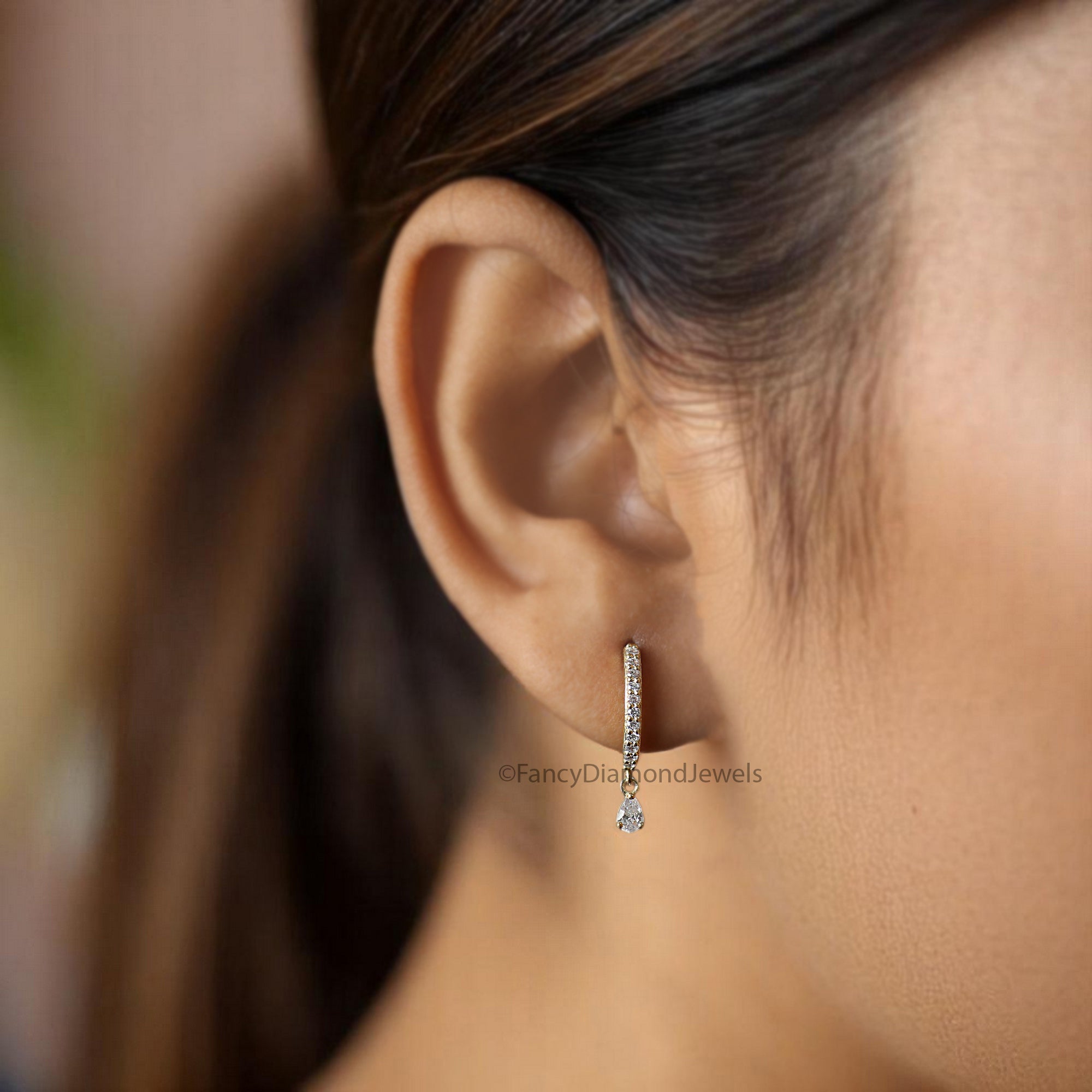 Pear Colorless Moissanite Earrings Huggie Hoop Dangle Earrings Bridal Earrings Yellow Gold Earrings Anniversary Gift For Women FD344