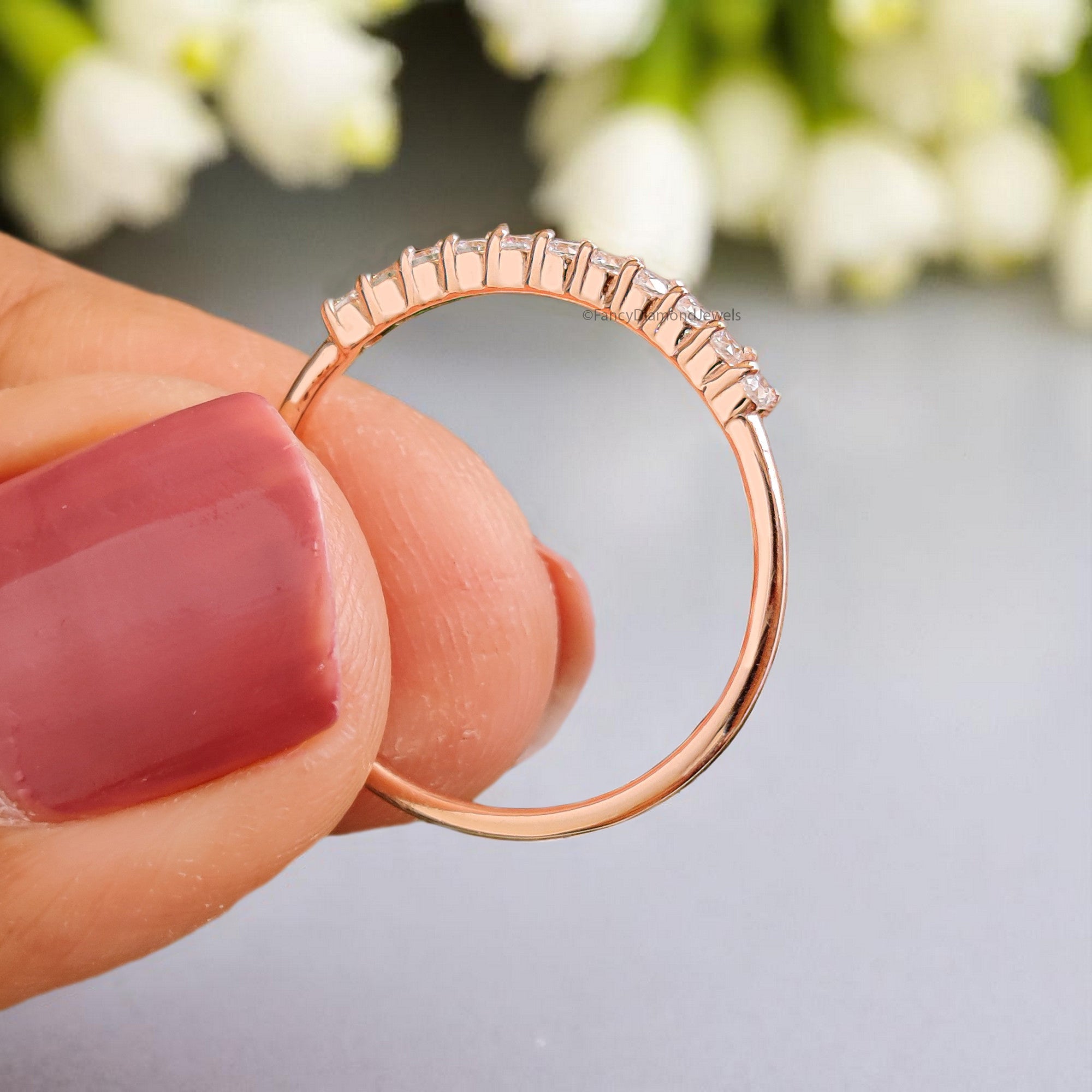 Round Moissanite Diamond Wedding Band Half Eternity Minimalist stacking dainty matching anniversary Ring Silver/10K/14K/18K Gold Band KD899