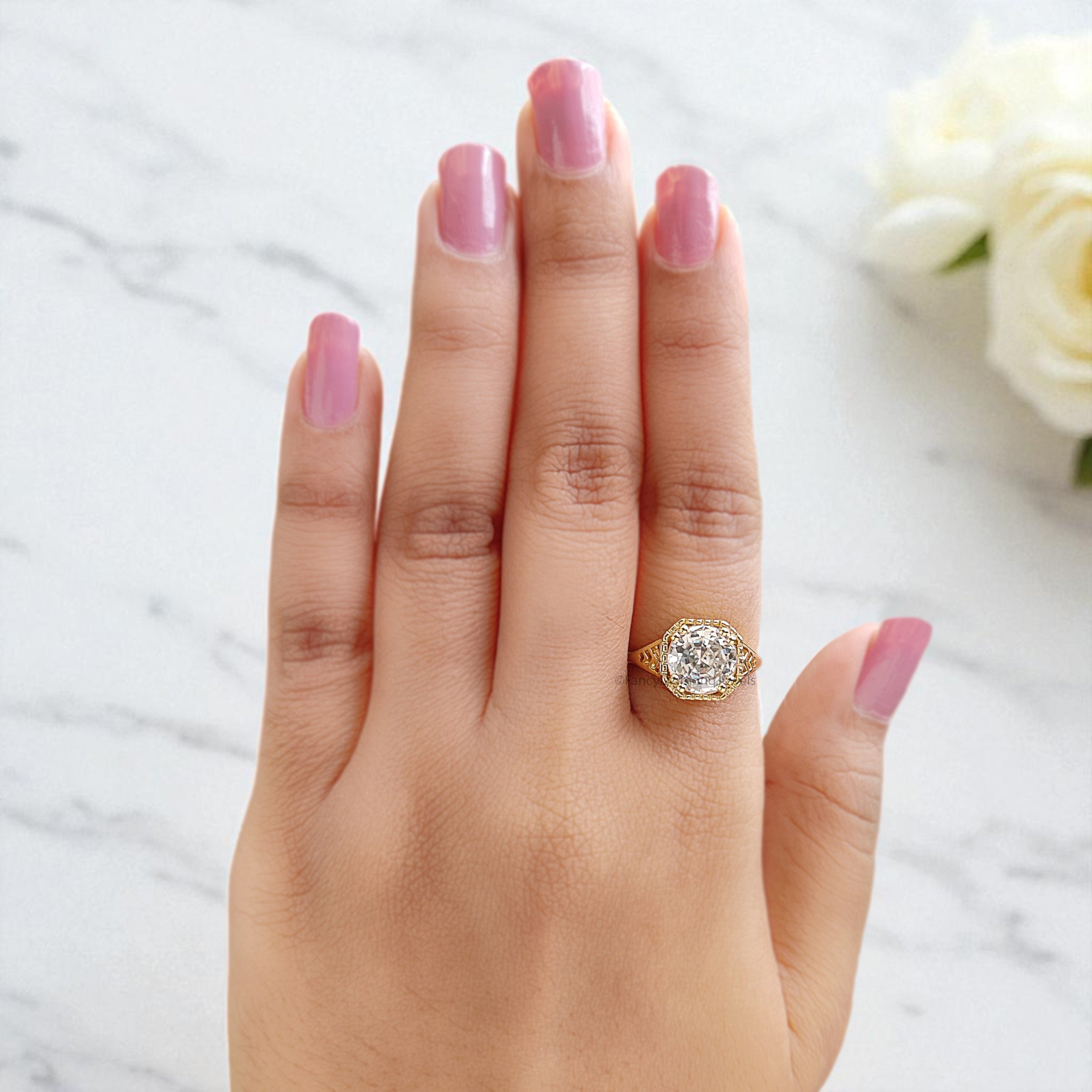 Art Deco Ring 1.80 CT Round Old European Cut Colorless Moissanite Ring OEC Ring Engagement Ring Wedding Ring Bridal Set 14KT Gold FD121