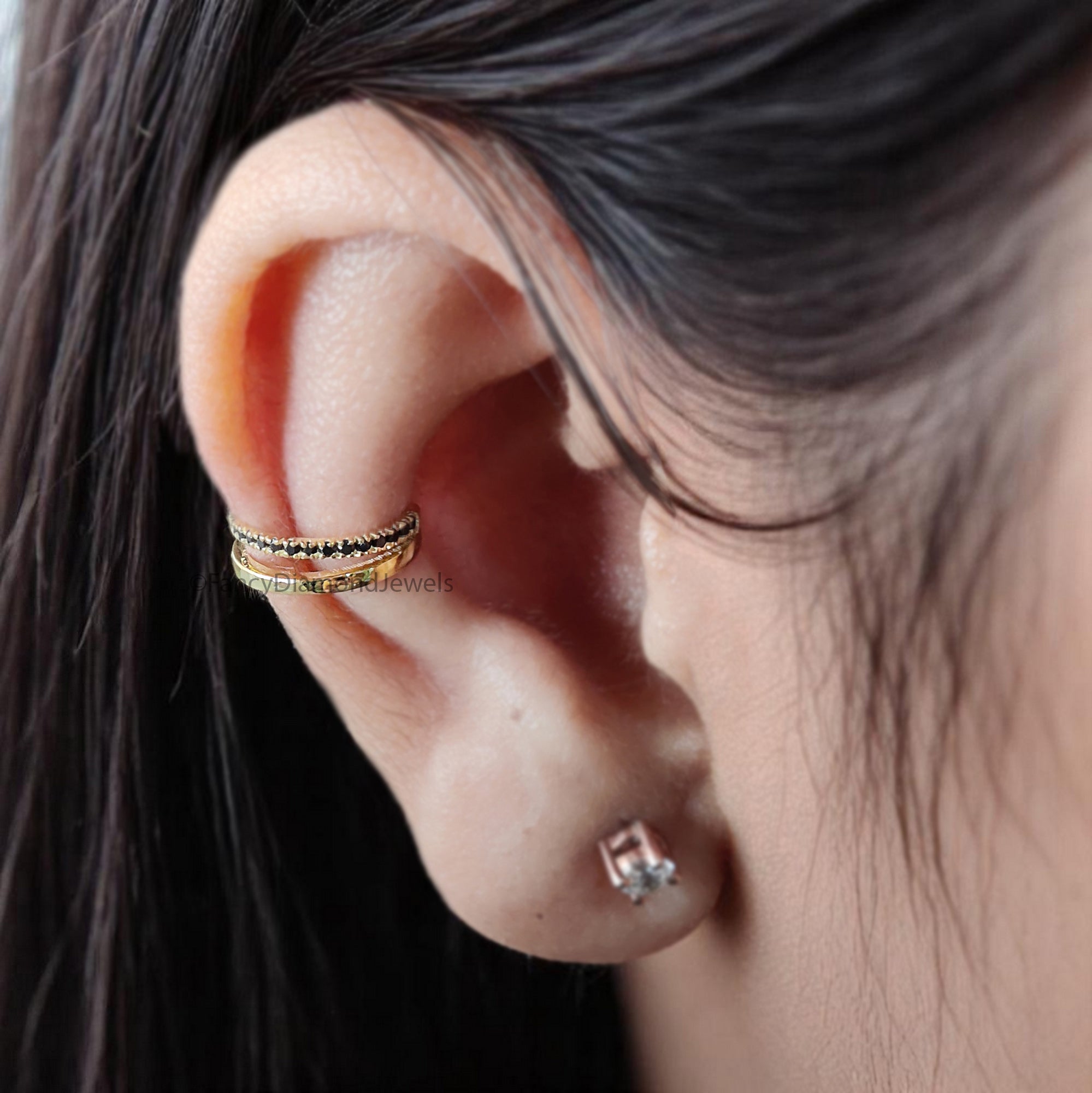 Round Brilliant Cut Black Color Diamond Ear Cuff Double Band Ear Cuff Dainty Ear Cuff Black Diamond Simulant Cuff Yellow Gold Ear Wrap FD354