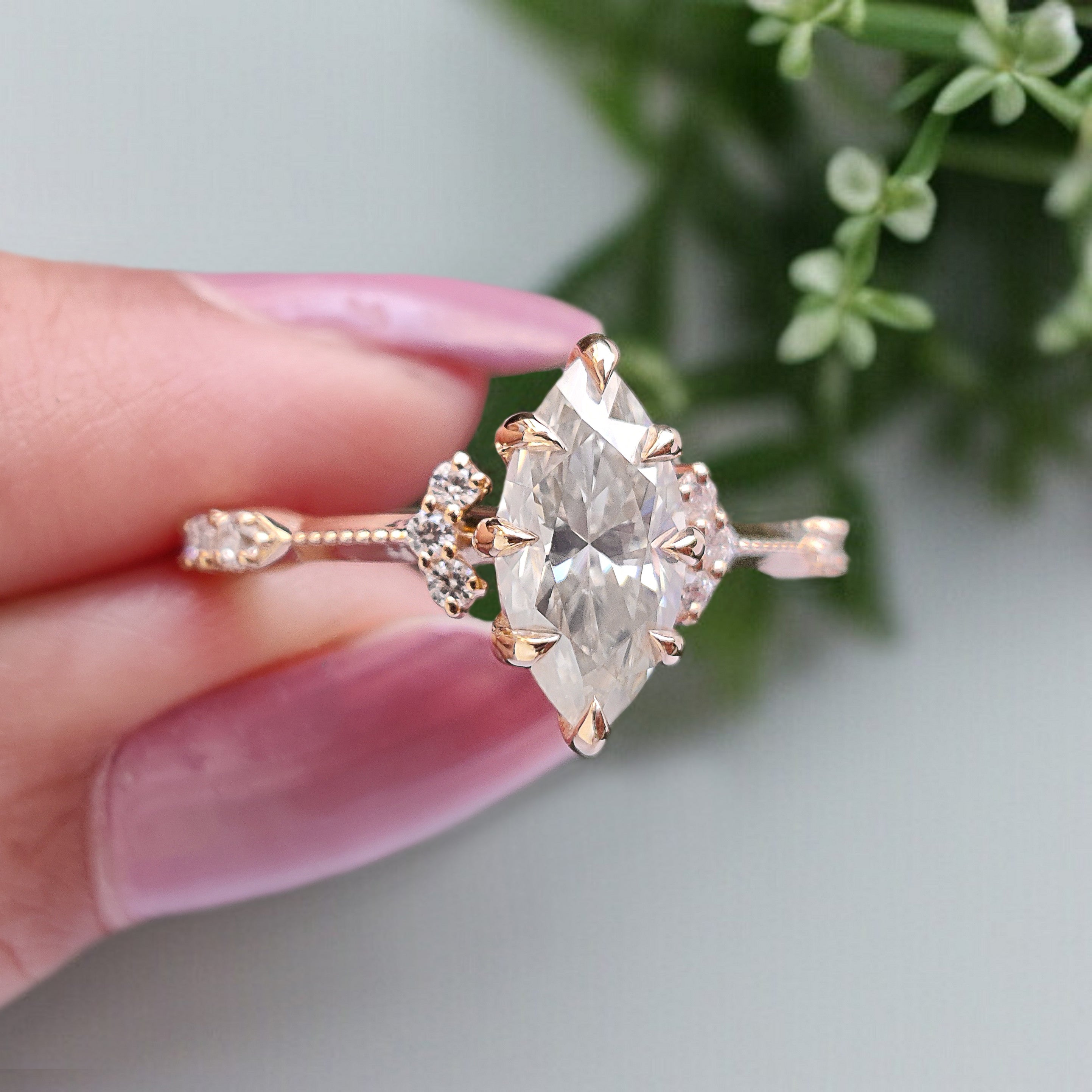 1.10 CT Marquise Lab Grown Diamond Engagement Ring Knife Band Round Diamond Ring Bridal Promise Ring Yellow Gold Ring Gift For Her FD455