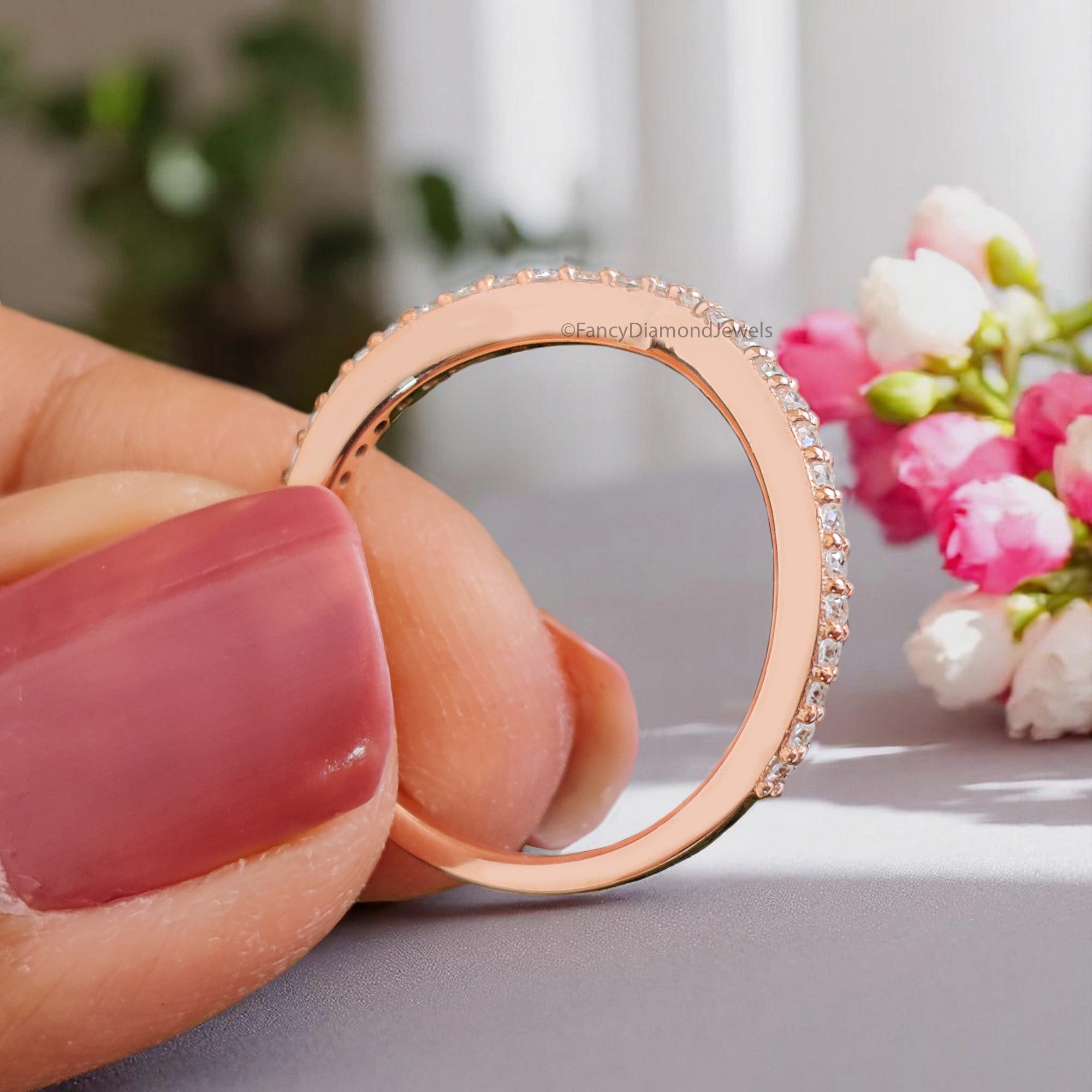 V Shaped Wedding Band 0.20 TW Round Diamond Band Rose Gold Silver/10K/14K/18K Engagement Band Half Eternity Anniversary Ring FD377