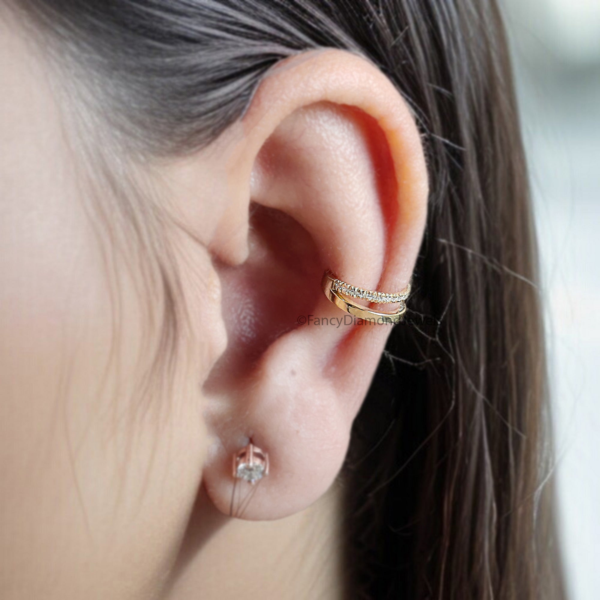 Round Brilliant Cut Colorless Moissanite Diamond Ear Cuff Double Band Ear Cuff Dainty Ear Cuff Yellow Gold Ear Wrap FD347