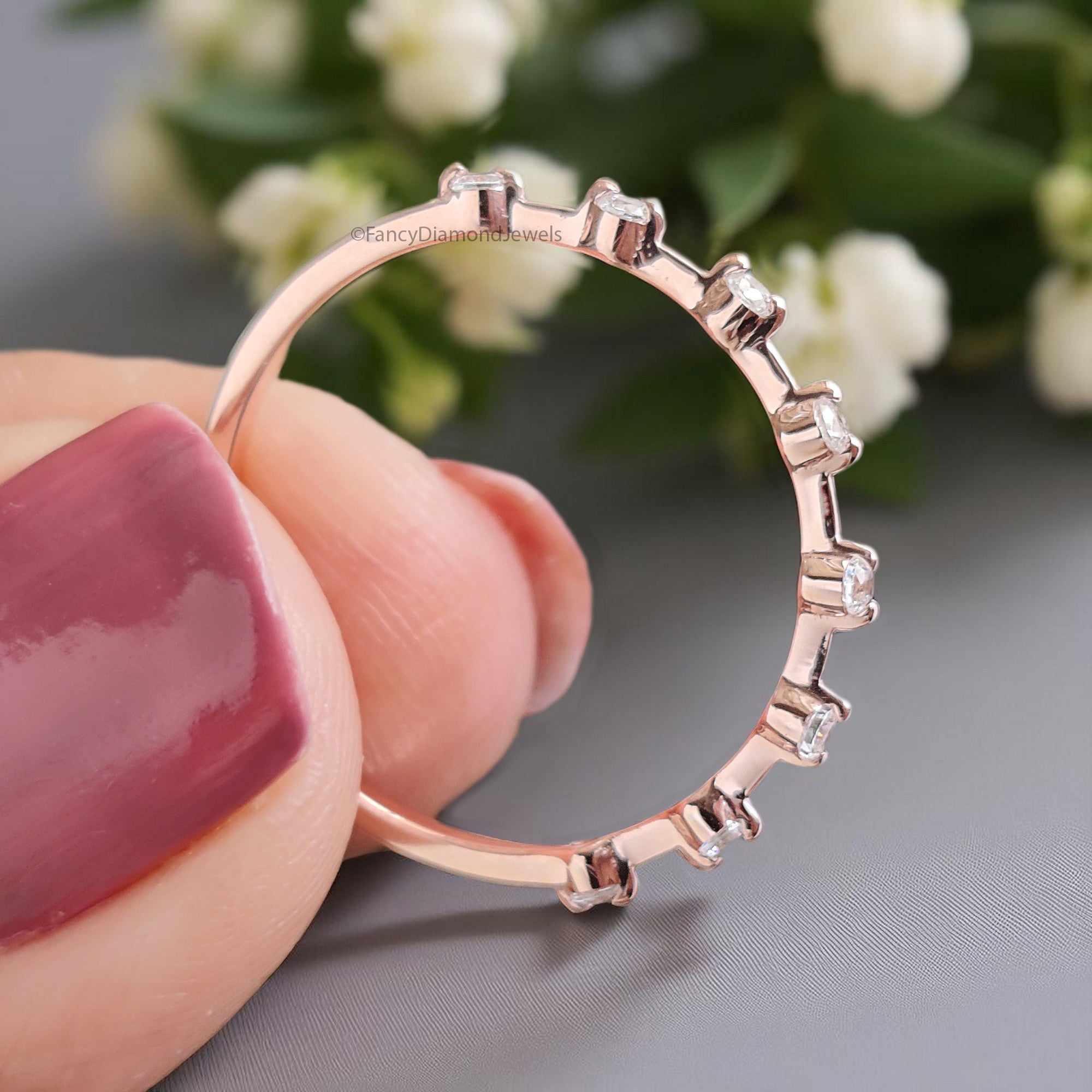 White Round Diamond Wedding Band Half Eternity Minimalist Ring Silver/10K/14K/18K Band stacking dainty matching anniversary ring KD906