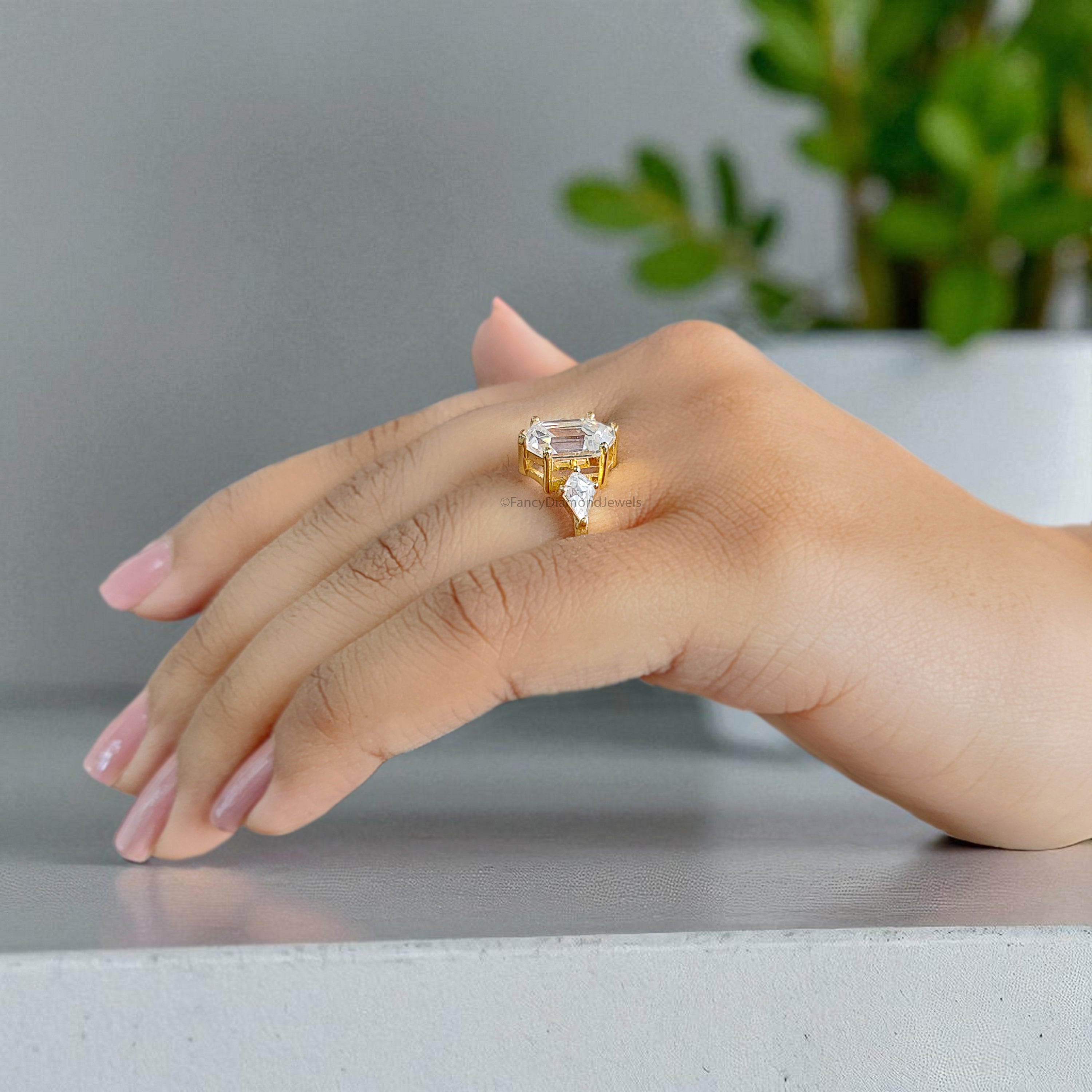 4.55 CT Hexagon Cut Simulated Diamond Engagement Ring 3 Stone Ring Yellow Gold Ring Anniversary Ring Simulant ring Gift For Her FD395