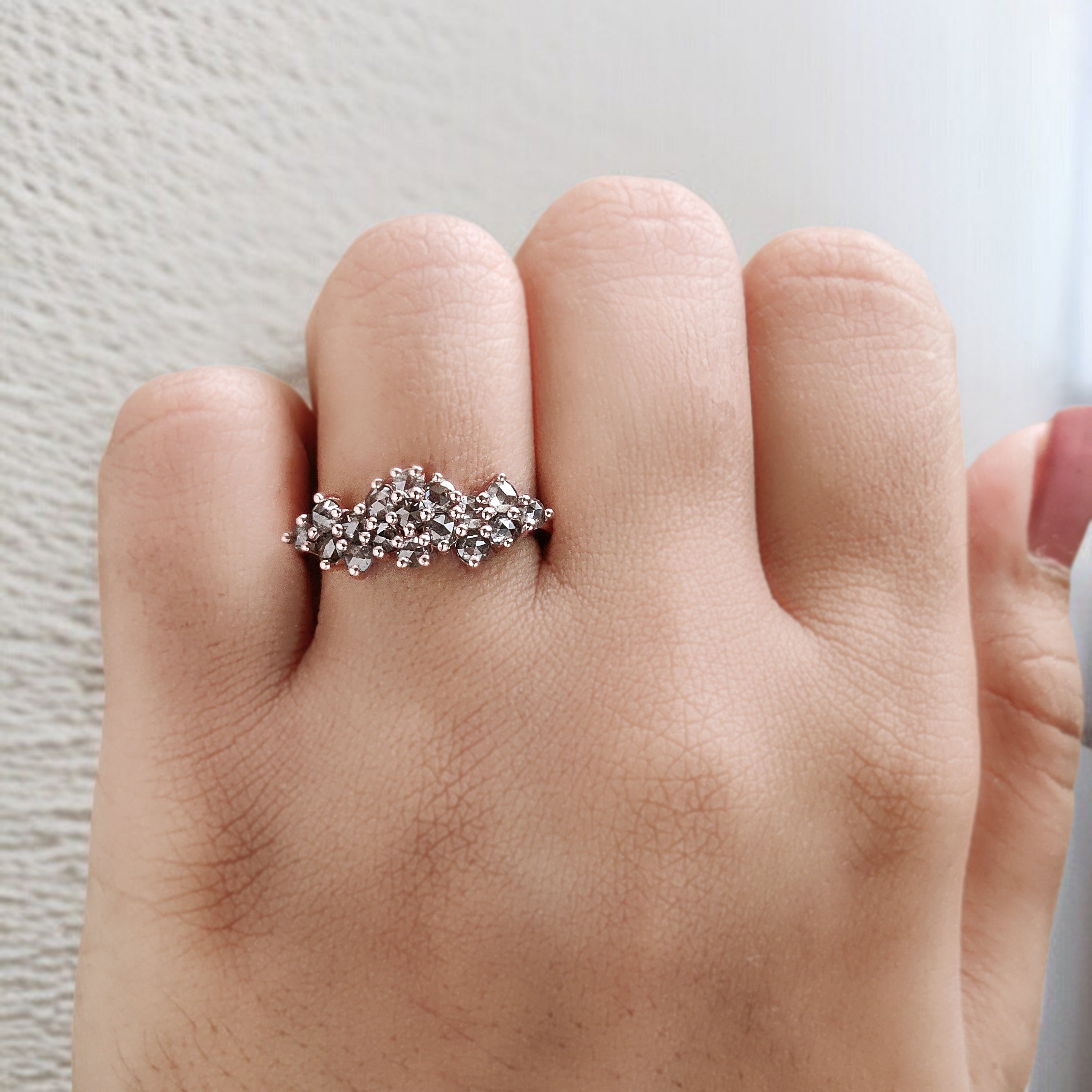 Round Rose Cut Salt And Pepper Diamond Ring 1.09 Ct 2.50 MM Round Diamond Ring 14K Rose Gold Silver Engagement Ring Gift For Her QK1430