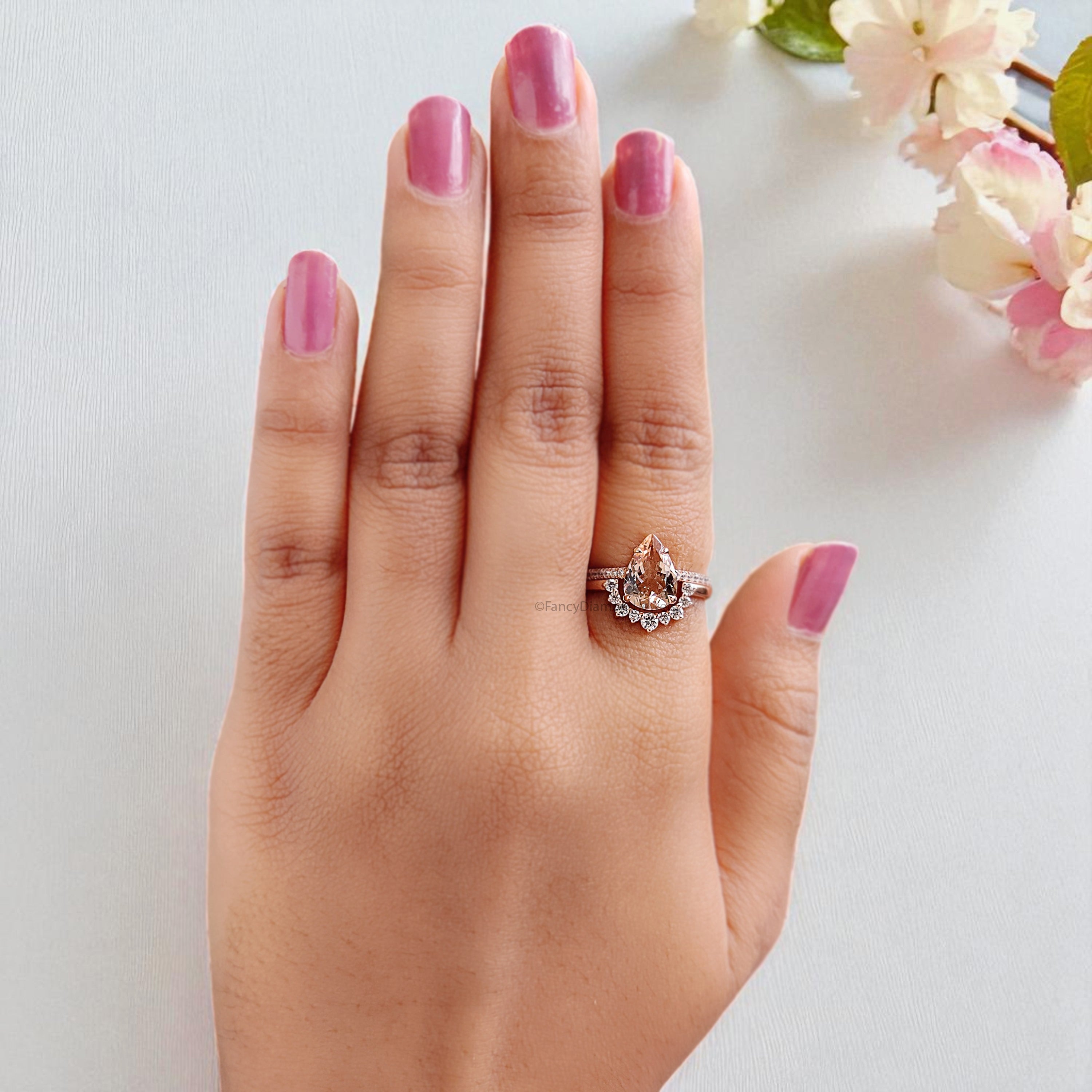 1.45 CT Pear Cut Natural Morganite Engagement Ring Set Rose Gold Ring Morganite Curved Wedding Ring Unique Vintage Ring Gift For Her FD447