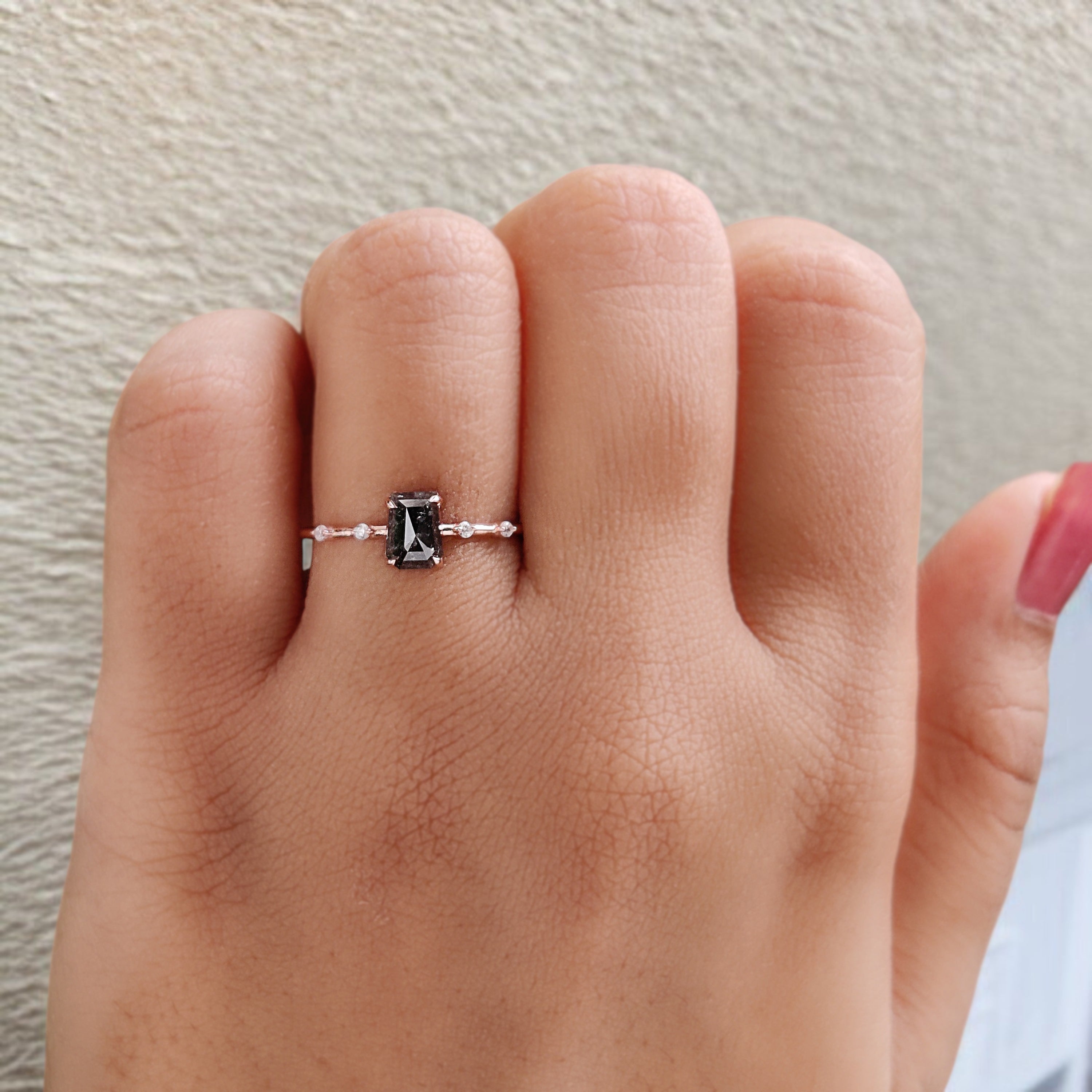 Coffin Cut Salt And Pepper Diamond Ring 0.87 Ct 6.00 MM Coffin Diamond Ring 14K Solid Rose Gold Silver Engagement Ring Gift For Her QN8841