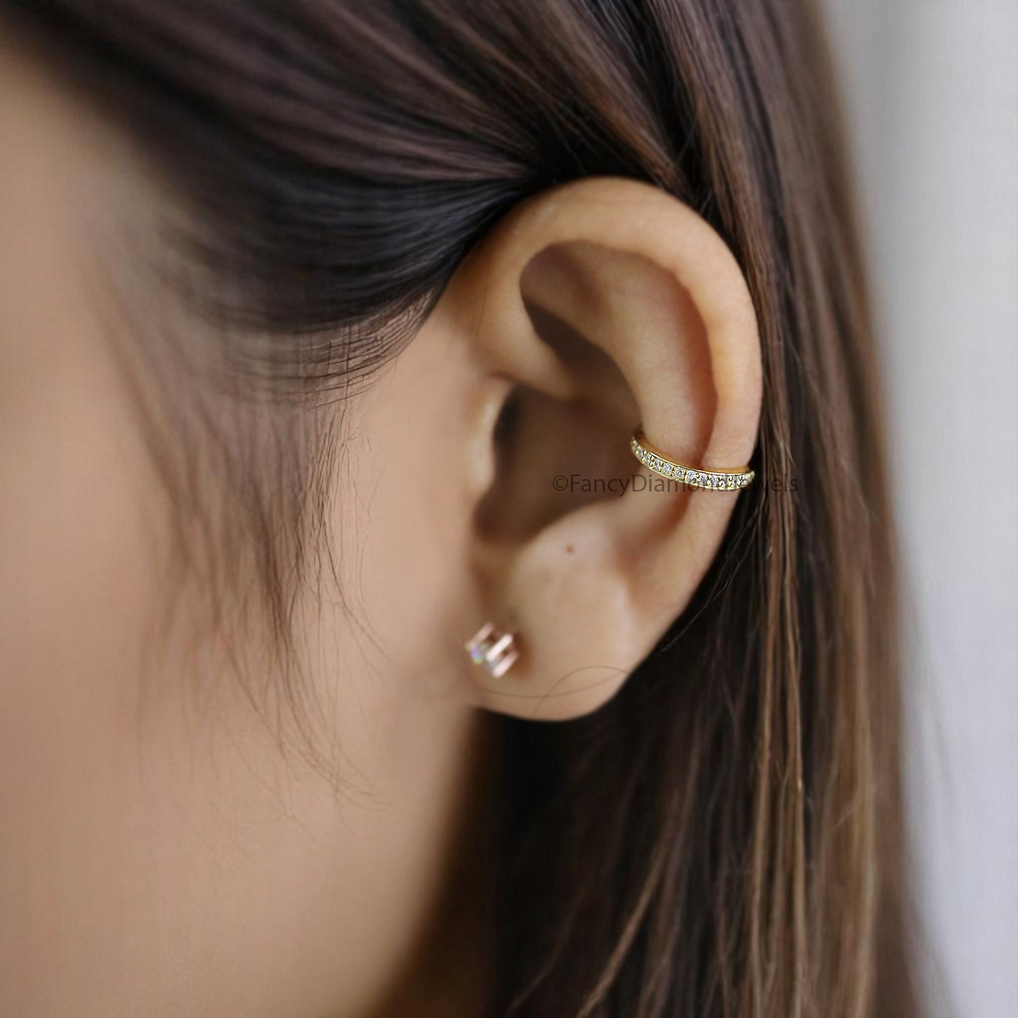 Round Brilliant Cut Colorless Moissanite Diamond Ear Cuff Dainty Ear Cuff Pave Set Sterling Silver Helix Piercing Yellow Gold Ear Wrap FD350