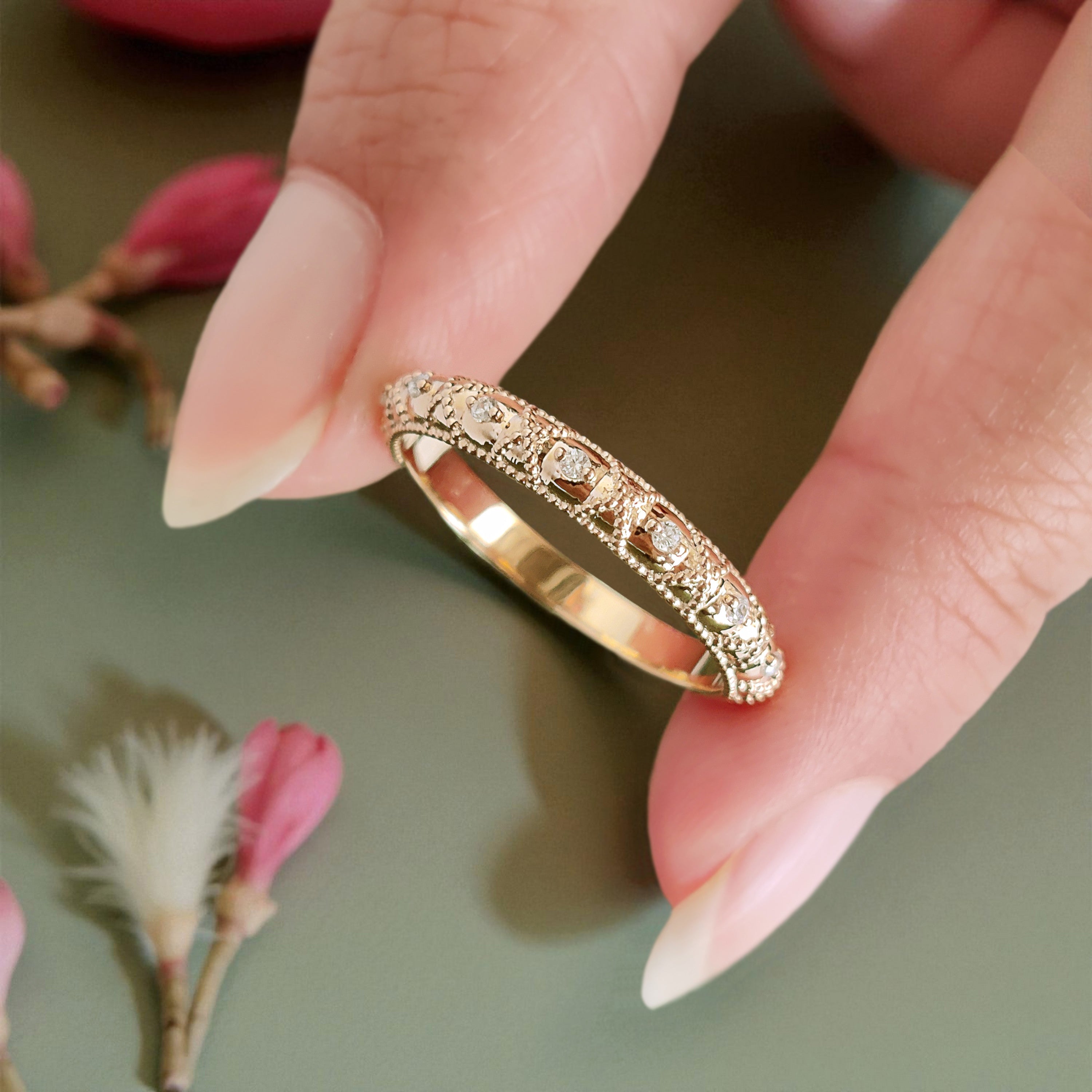 Half Eternity Band Vintage Lab Grown Diamond Wedding Band 14K Solid Gold Milgrain Band Ring Stackable Matching Rings Gift for Women FD453