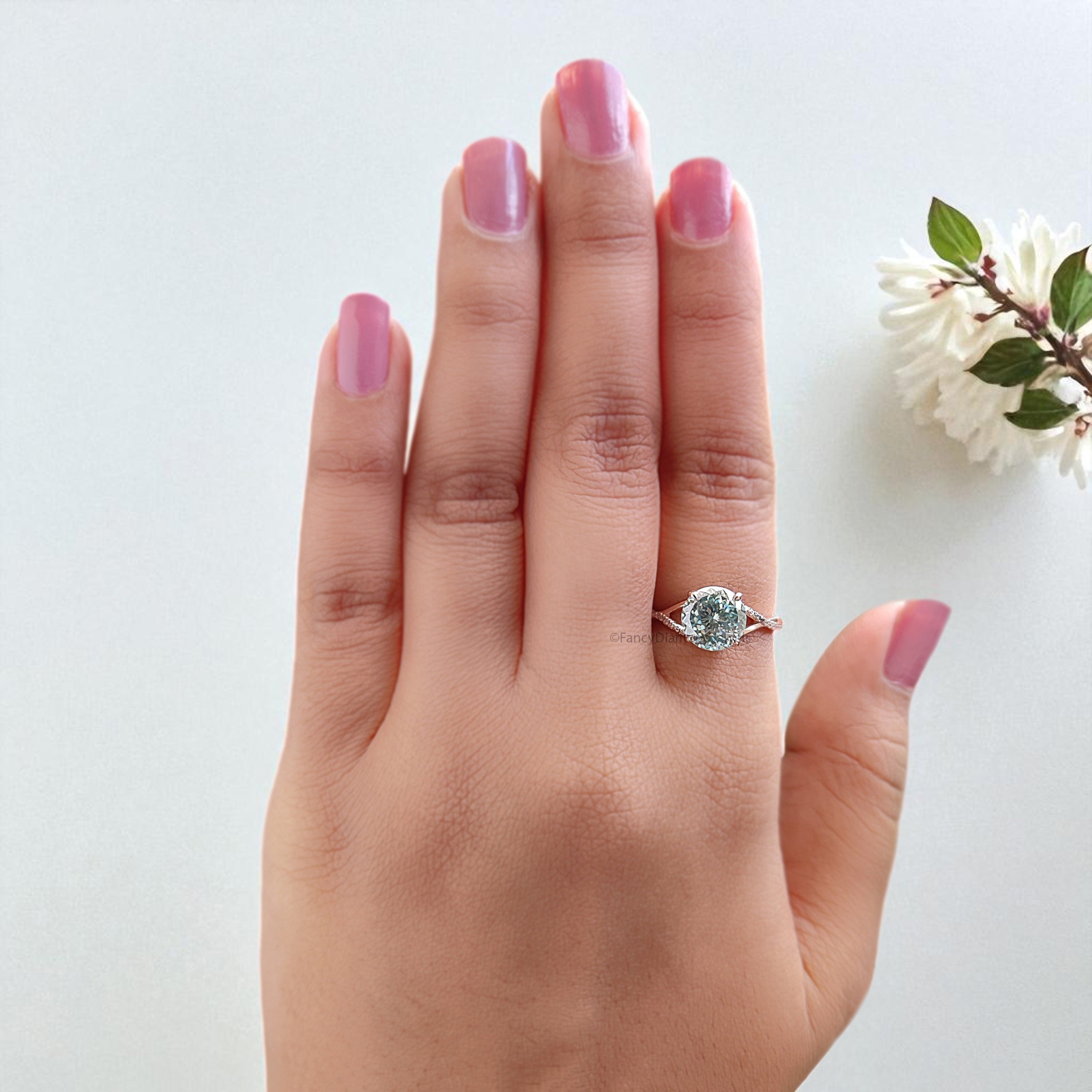 Round Portuguese Cut Aqua Blue Green Moissanite Engagement Ring Rose Gold Ring Vintage Ring Crossover Band Wedding Ring Gift For Her FD419