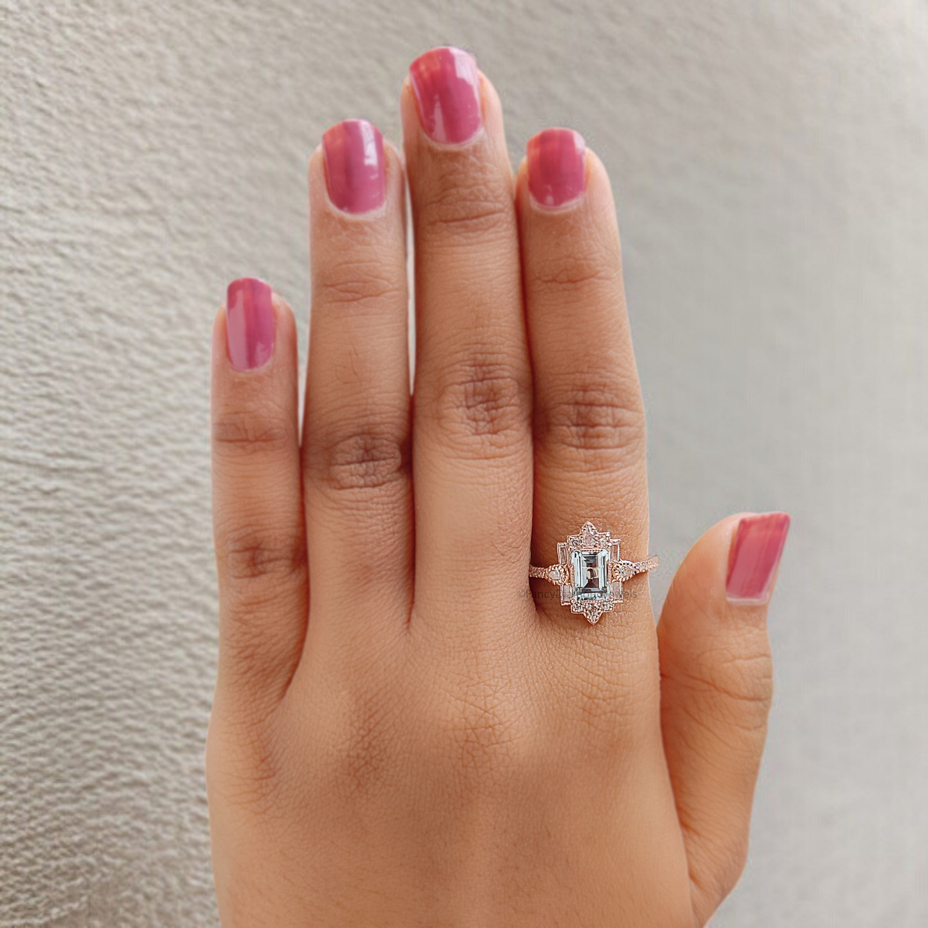 Emerald Cut Natural Aquamarine Engagement Ring Baguette wedding ring Unique art deco ring Pear halo ring Starburst ring Gift For Her FD385
