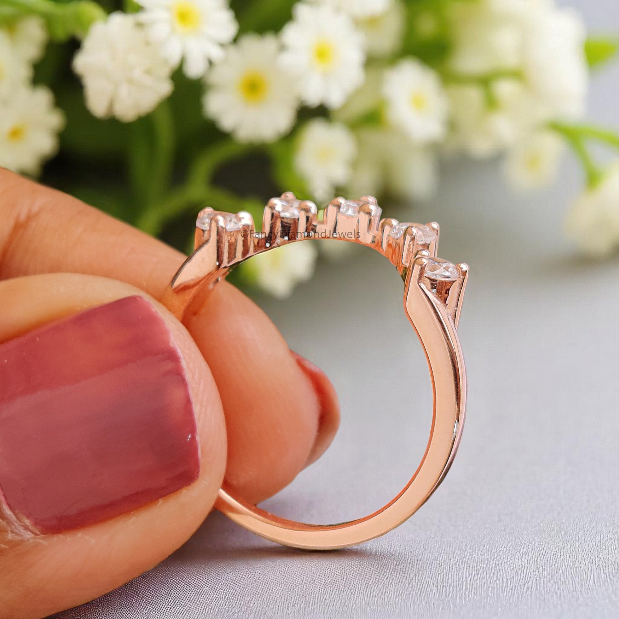 Silver/10K/14K/18K Engagement Band Art Deco Crown Wedding Band 0.38 TW Round Diamond Band Half Eternity Anniversary Rose Gold Ring FD375