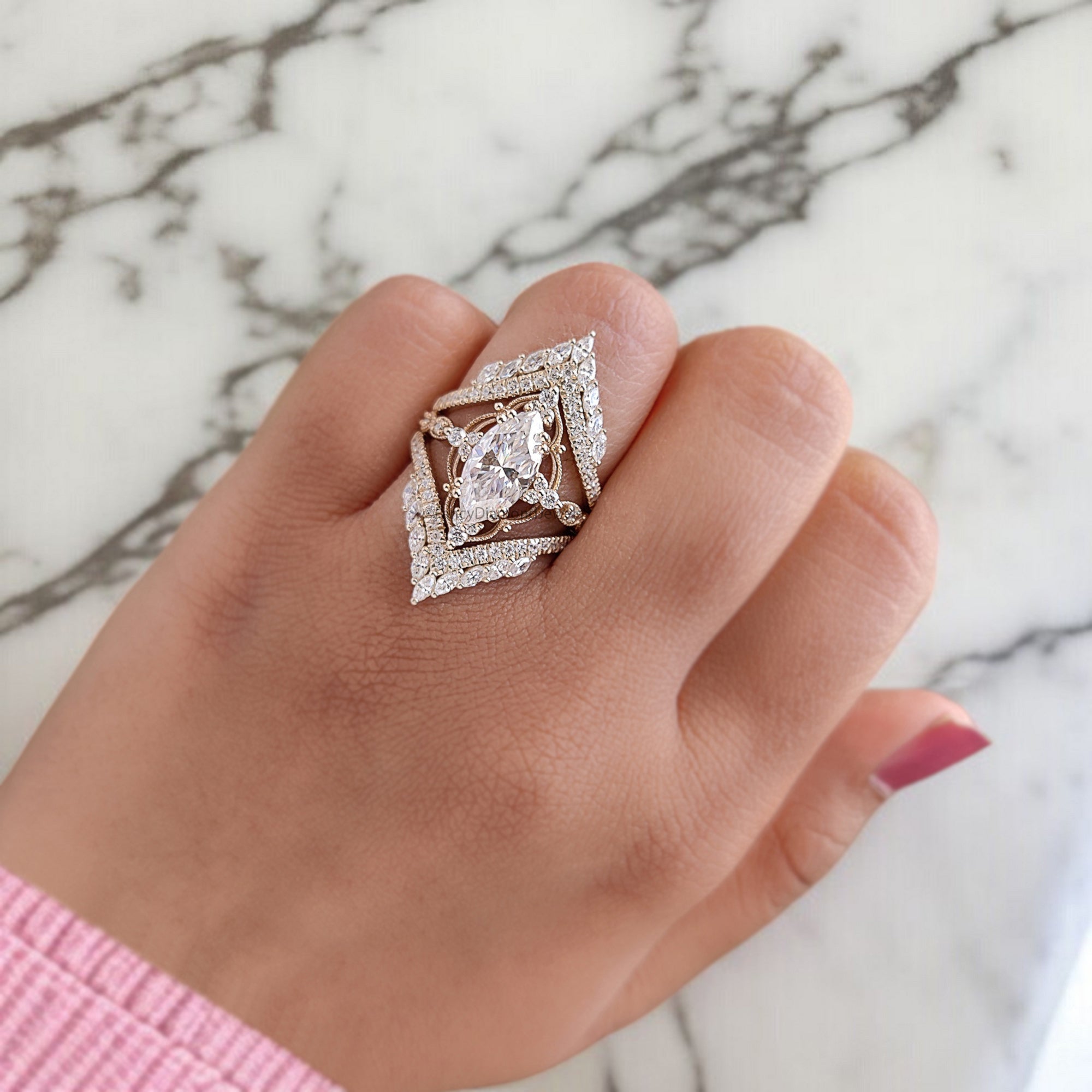 Marquise Moissanite Bridal Set 2pcs Moissanite Cage Ring Unique Engagement Ring Yellow Gold Vintage Wrap Ring Bridal Anniversary Ring FD318