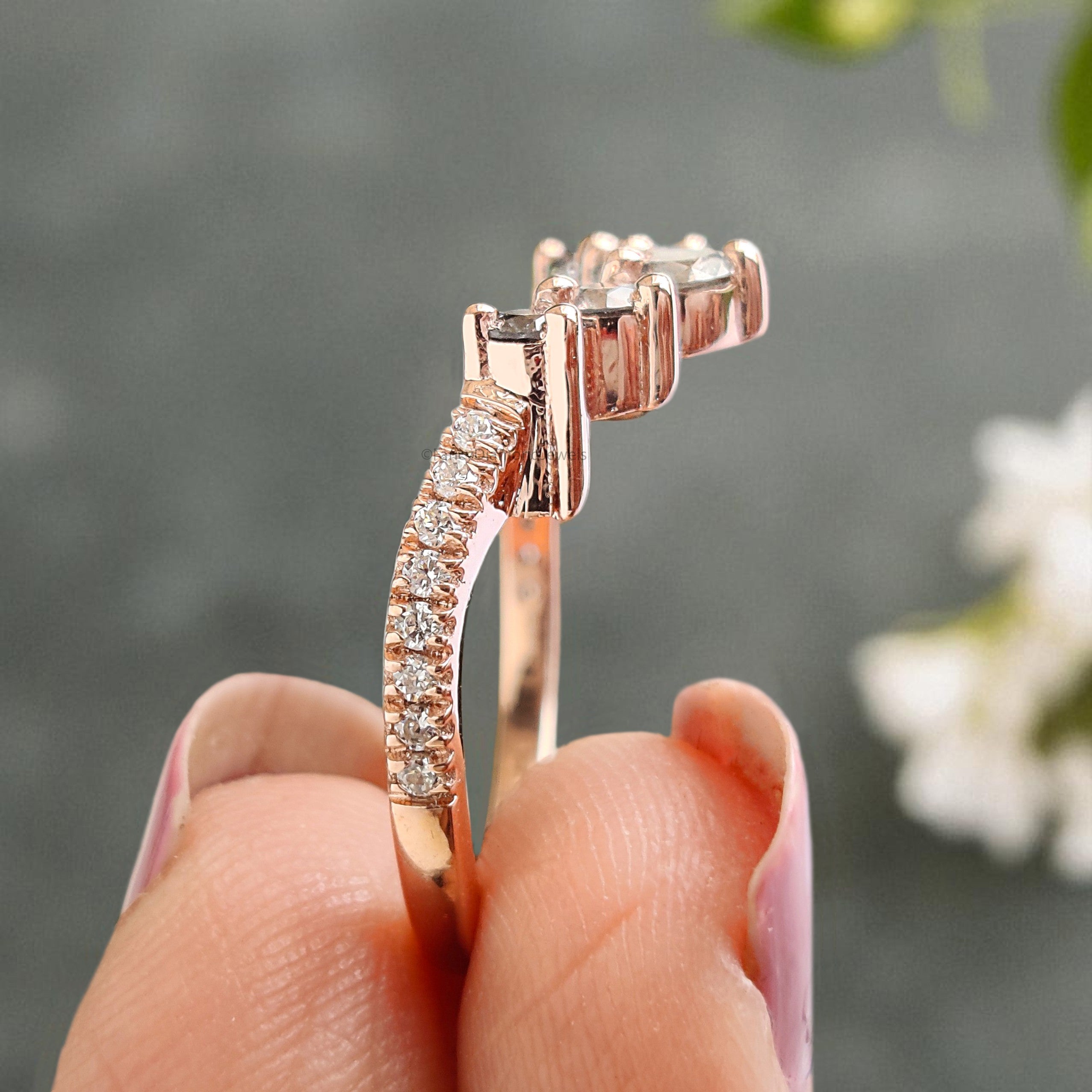Curved wedding band 0.77 TW Round Salt And Pepper Diamond ring Chic Thin V Shaped band Silver/10K/14K/18K Band Half eternity band KD875