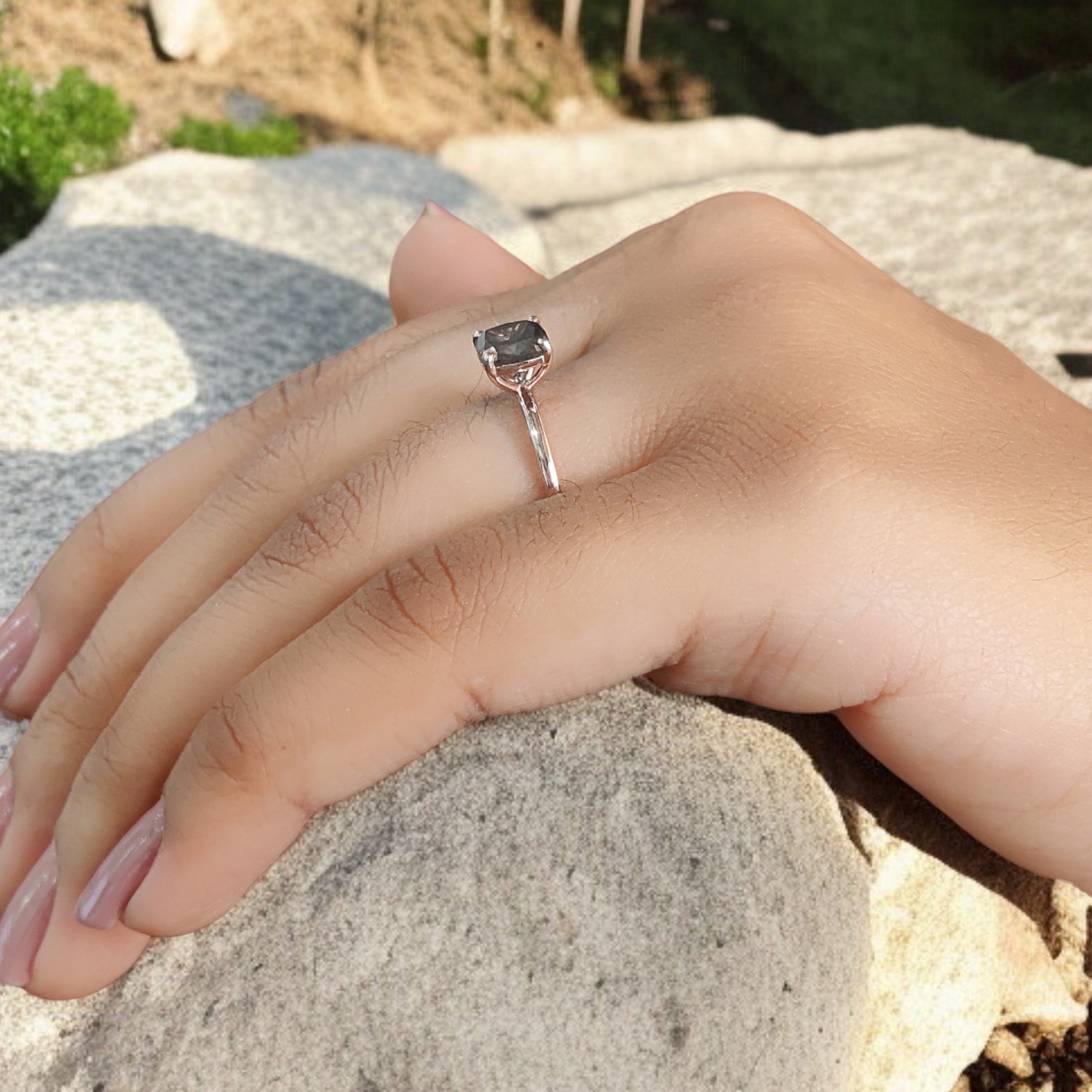 Cushion Cut Salt And Pepper Diamond Ring 1.31 Ct 6.05 MM Cushion Diamond Ring 14K Solid Rose Gold Silver Engagement Ring Gift For Her QL1905