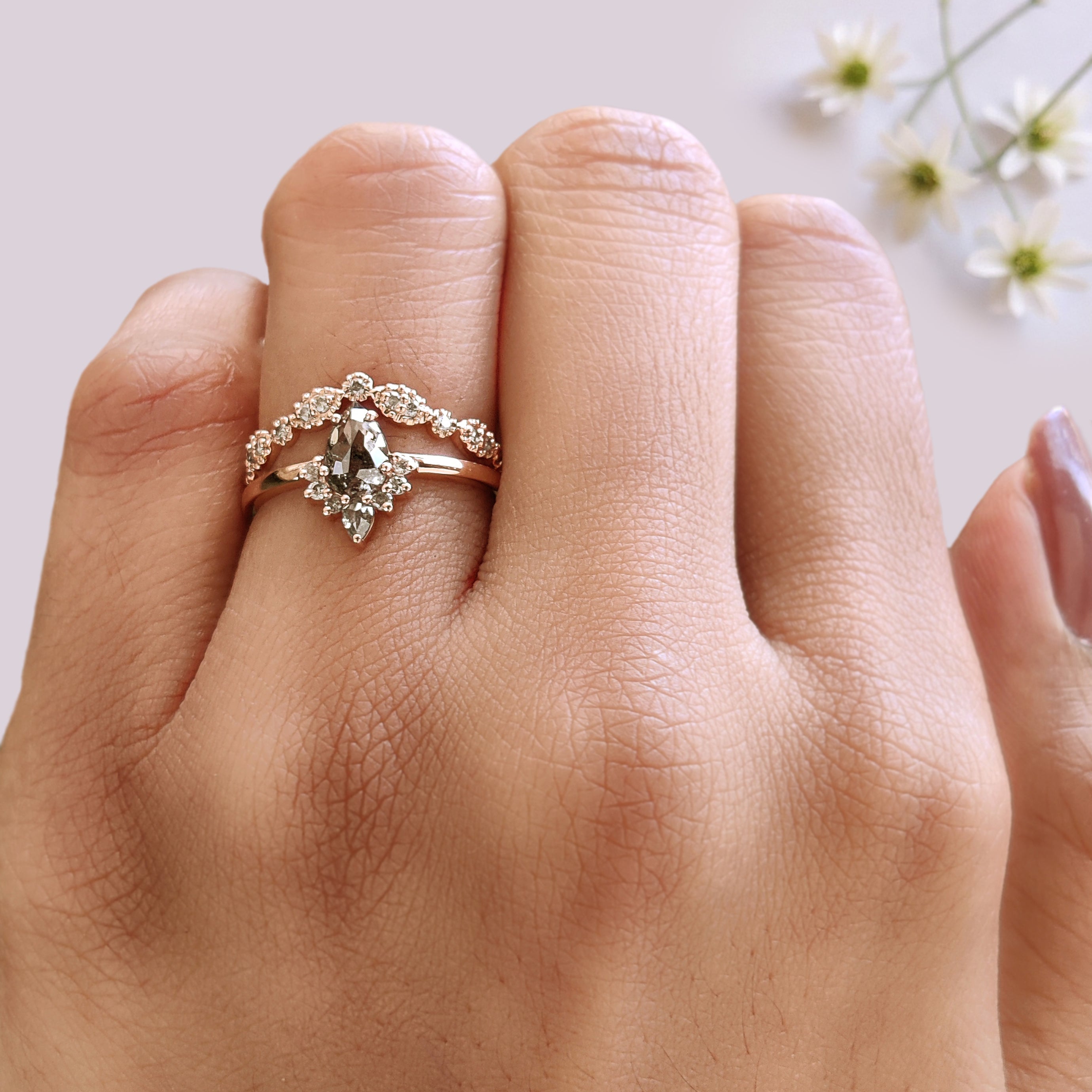 Pear Cut Salt And Pepper Diamond Ring 0.48 Ct 6.65 MM Pear Diamond Ring 14K Rose Gold Silver Pear Engagement Ring Set Gift For Her KDN976