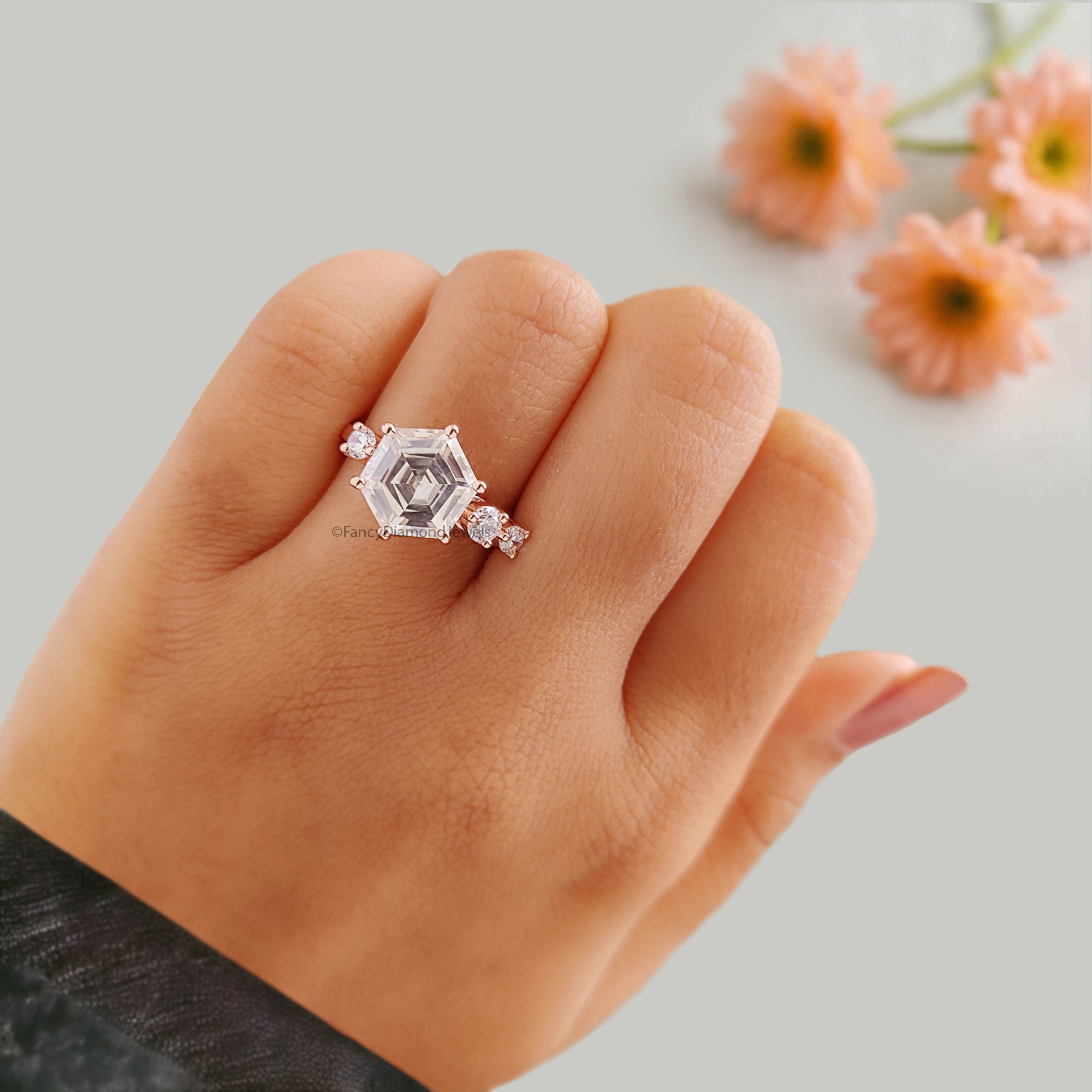 2.95 CTW Antique Hexagon Cut Moissanite Engagement Ring Rose Gold Four Stone Ring Engagement Ring Delicate Wedding Bridal Ring FD235