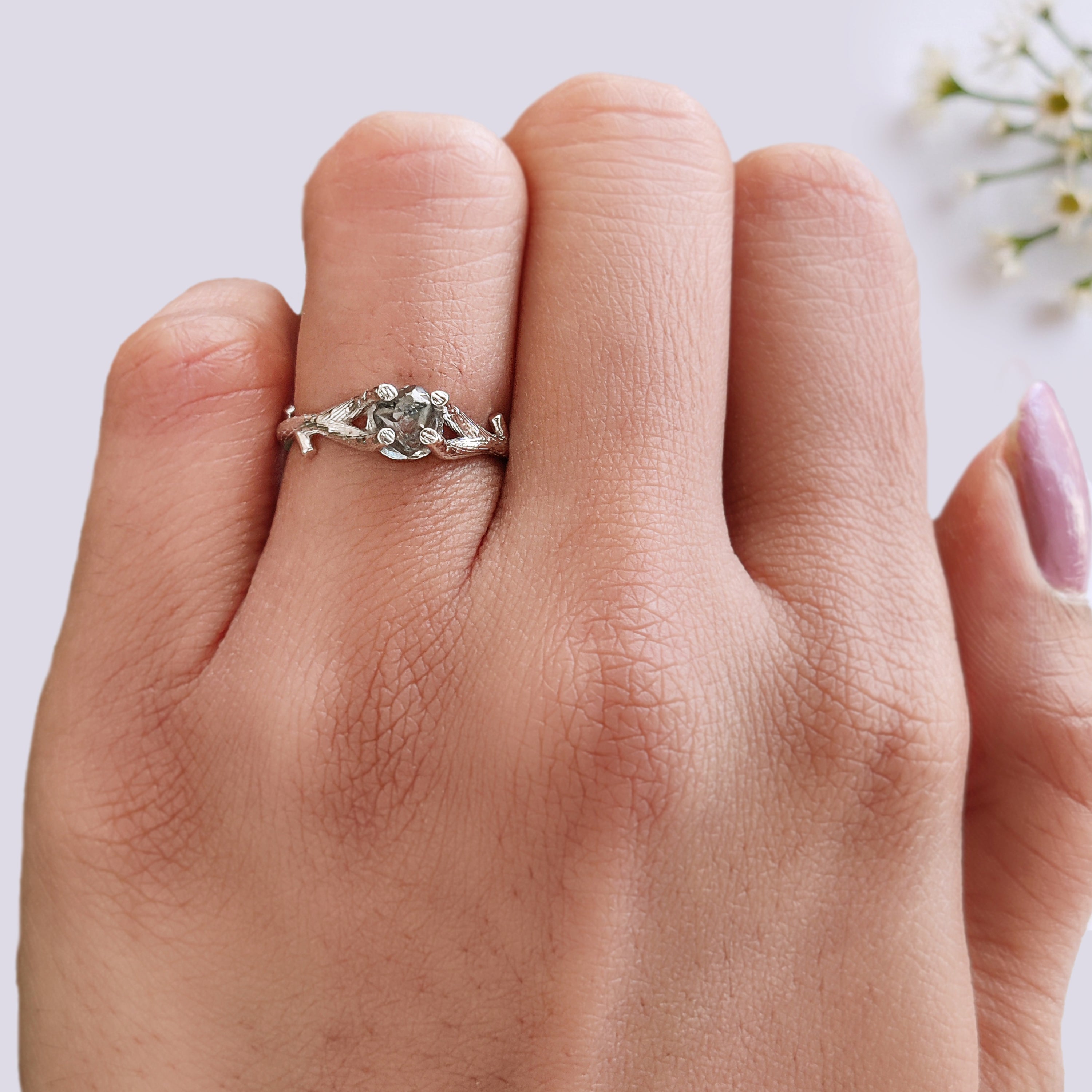 Rough Blue Color Diamond Ring 0.94 Ct 5.73 MM Crystal Rough Diamond Ring 14K Solid White Gold Silver Engagement Ring Gift For Her QL2360