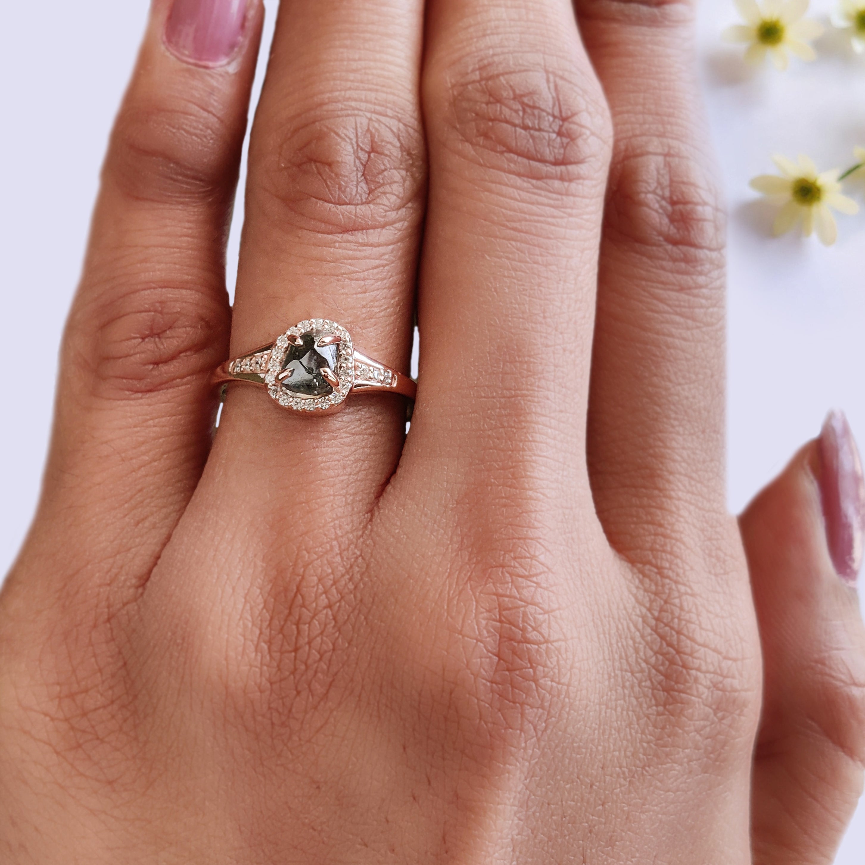 Rough Blue Color Diamond Ring 1.12 Ct 6.12 MM Crystal Rough Diamond Ring 14K Solid Rose Gold Silver Engagement Ring Gift For Her QL2319