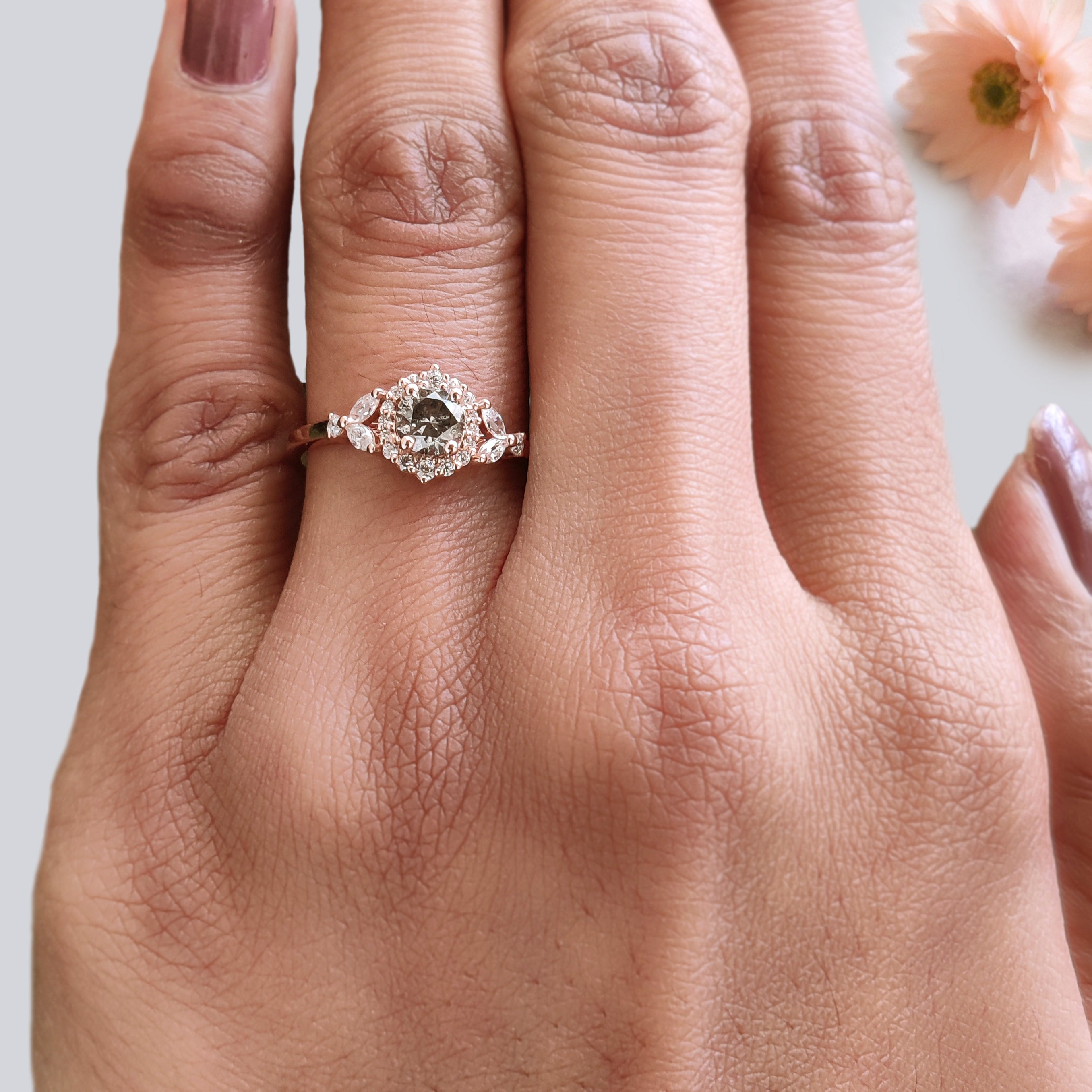 0.45 Ct Natural Round Shape Salt And Pepper Diamond Ring 4.80 MM Round Cut Diamond Ring 14K Solid Rose Gold Silver Engagement Ring KDN810