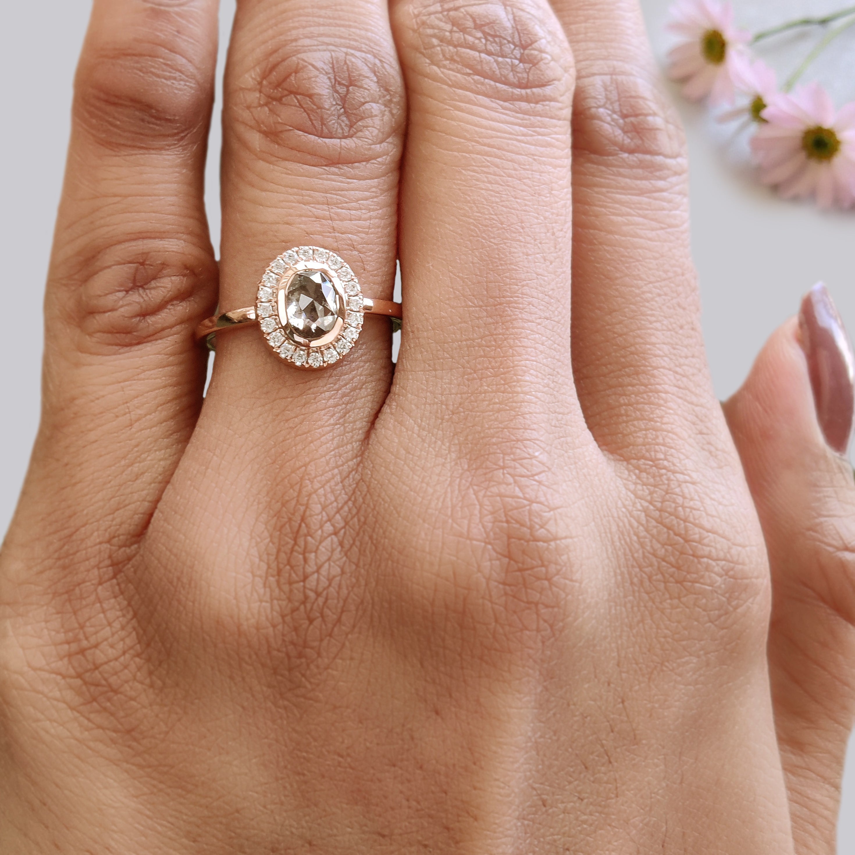 Oval Cut Salt And Pepper Diamond Ring 0.79 Ct 6.35 MM Oval Diamond Ring 14K Solid Rose Gold Silver Oval Engagement Ring Gift For Her KDL1476