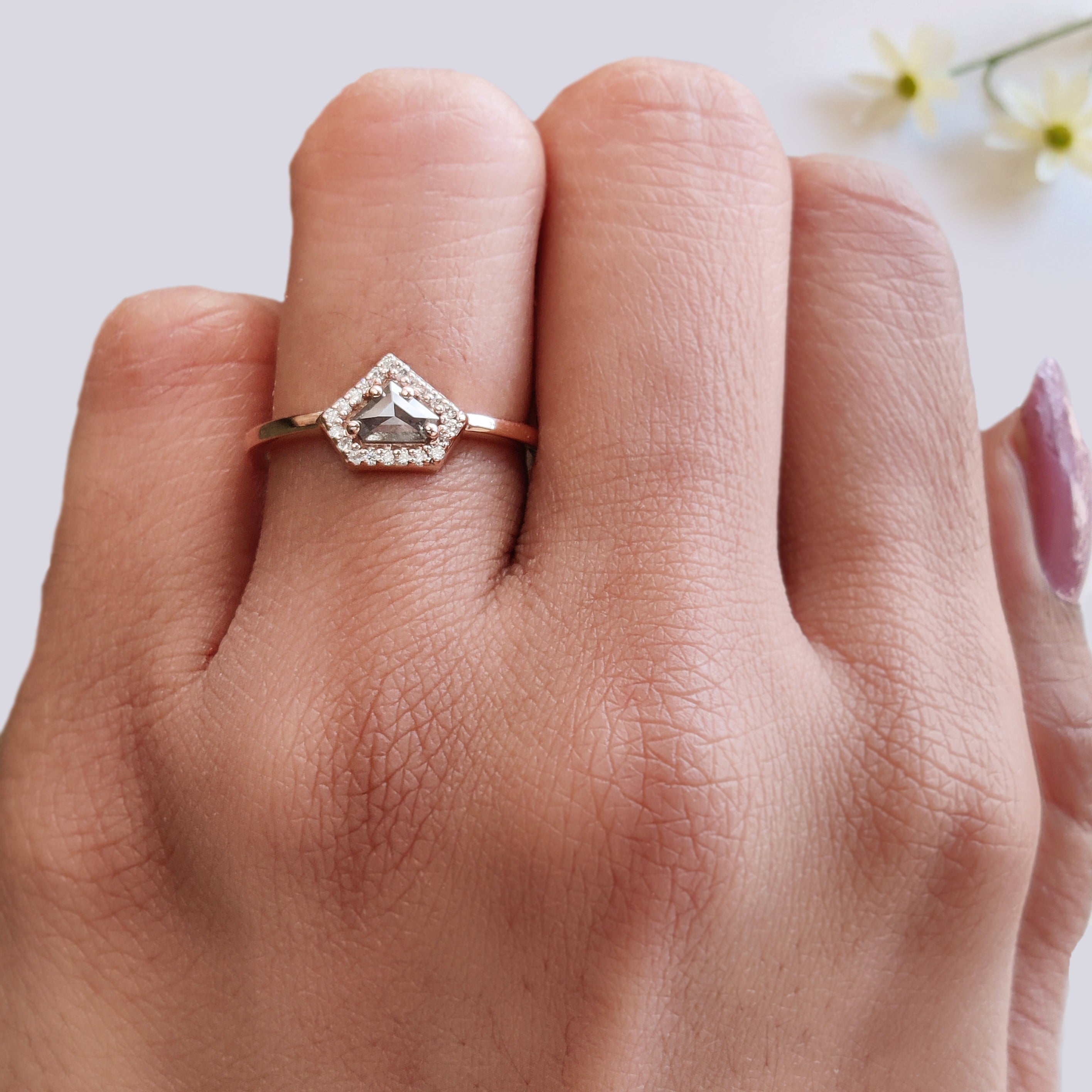 Shield salt and pepper Diamond Ring, Salt and pepper Shield Diamond Engagement Ring, Shield Diamond Ring, Halo Ring, Shield Ring, KD1122