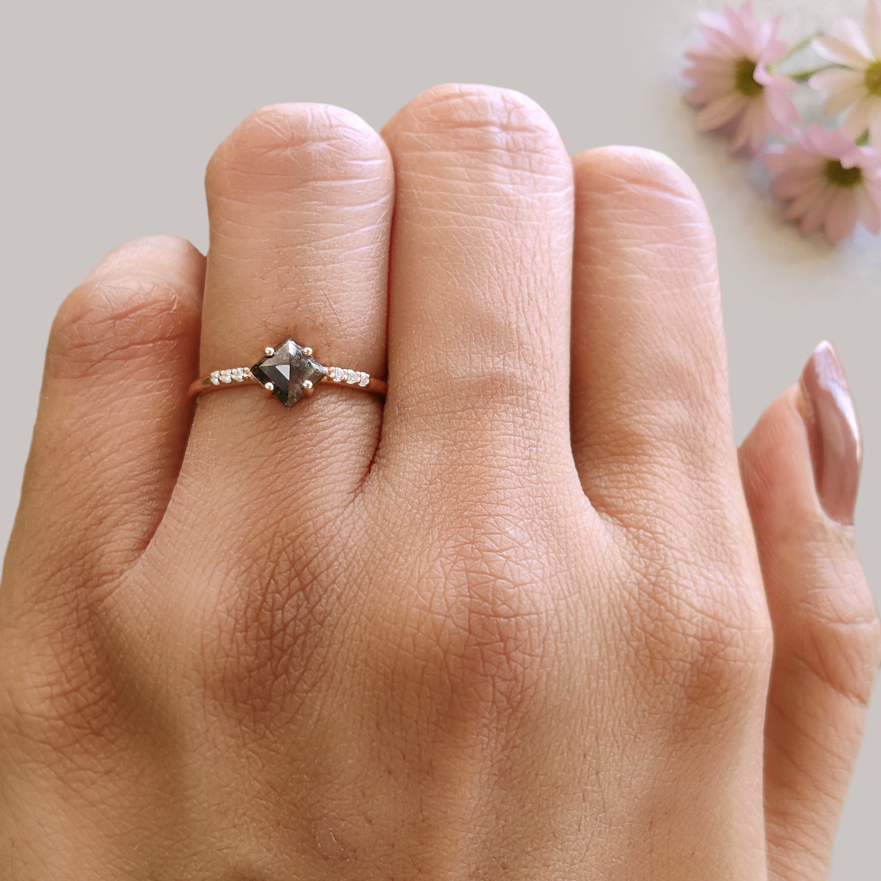 Kite Shape Black Color Diamond Ring 0.65 Ct 6.75 MM Kite Diamond Ring 14K Solid Rose Gold Silver Kite Engagement Ring Gift For Her KDN808