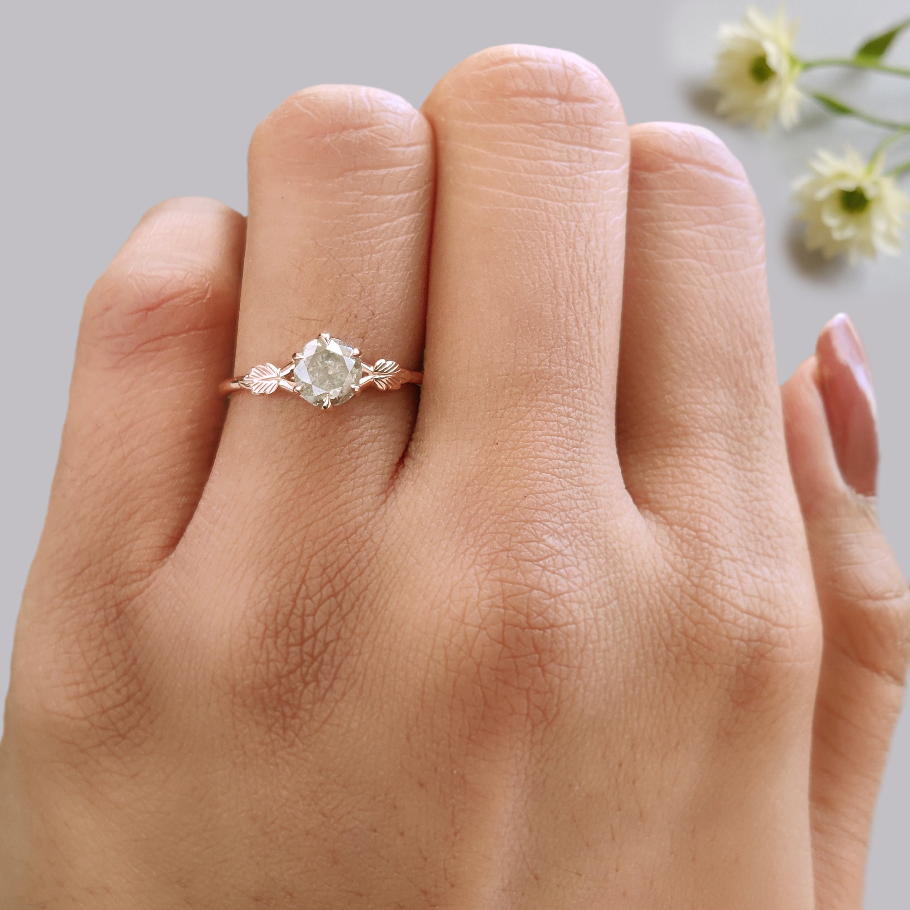 0.87 Ct Natural Round Shape Grey Color Diamond Ring 5.60 MM Round Cut Diamond Ring 14K Rose Gold Silver Engagement Ring Gift For Her KDN8944