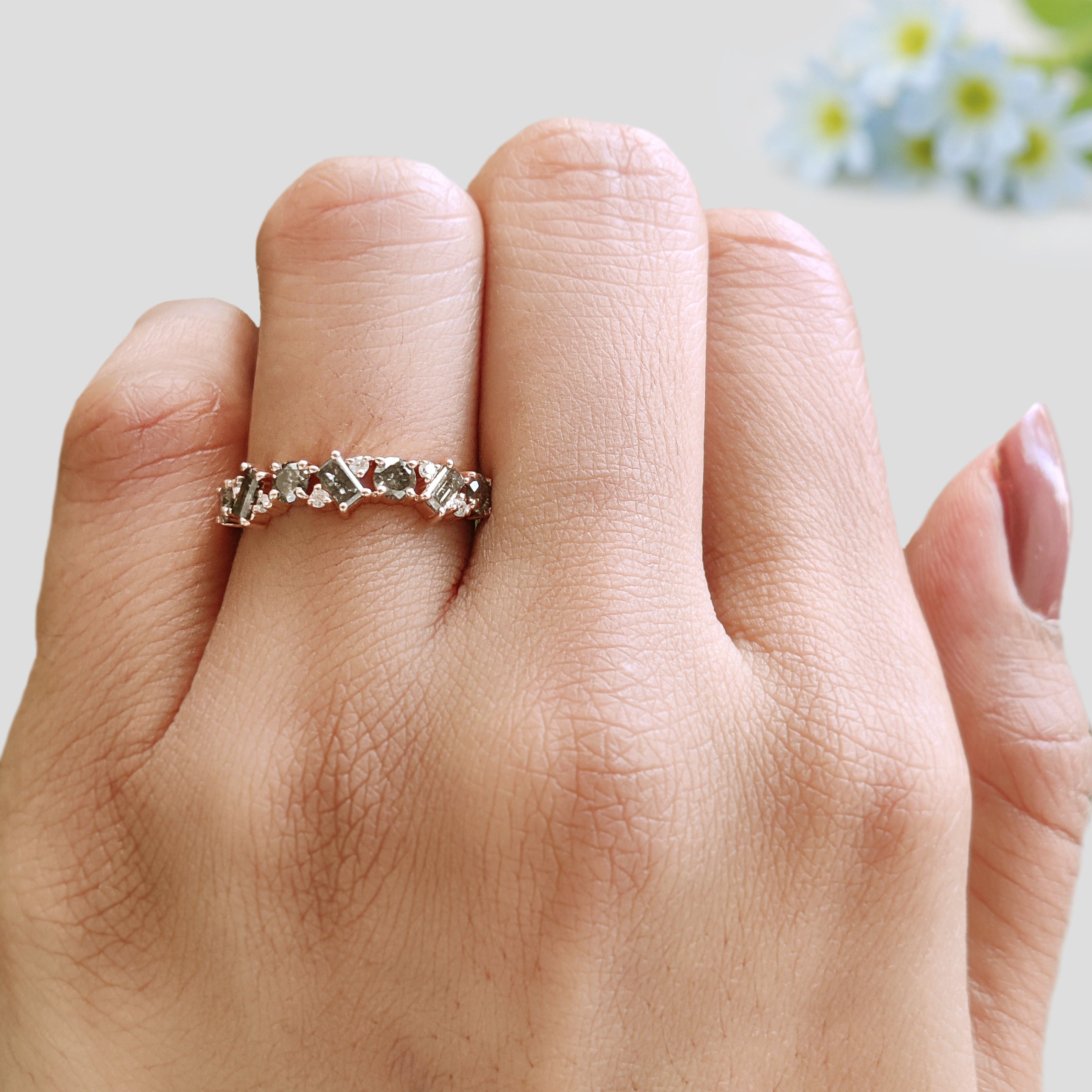 Round & Baguette Salt and Pepper Diamond Band, Half Eternity Wedding Ring in Solid Gold or Silver, Unique Anniversary Gift for Her FD549