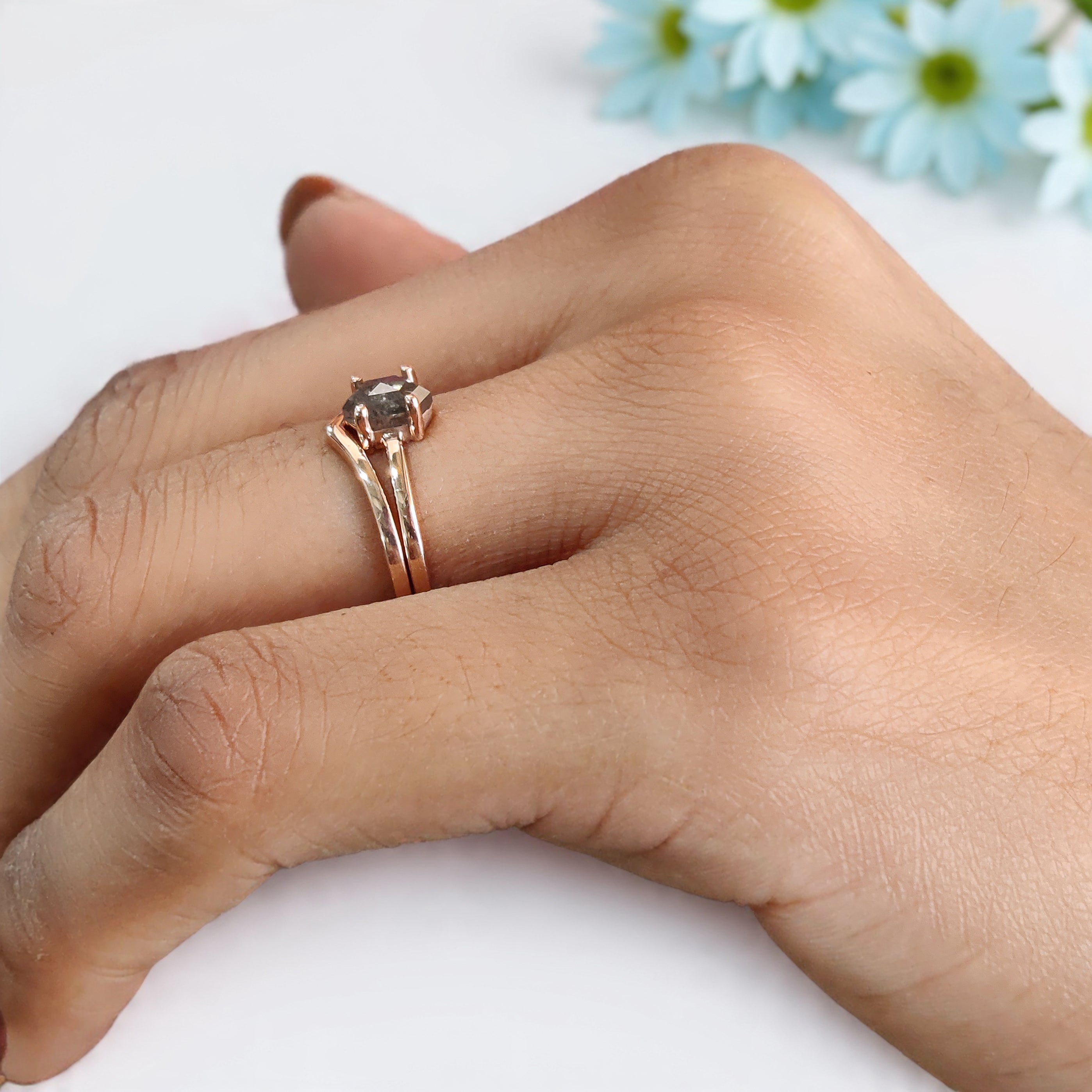 0.74 Ct Natural Hexagon Salt And Pepper Diamond Ring 6.05 MM Hexagon Cut Diamond Ring 14K Solid Rose Gold Silver Engagement Ring Set KDN585