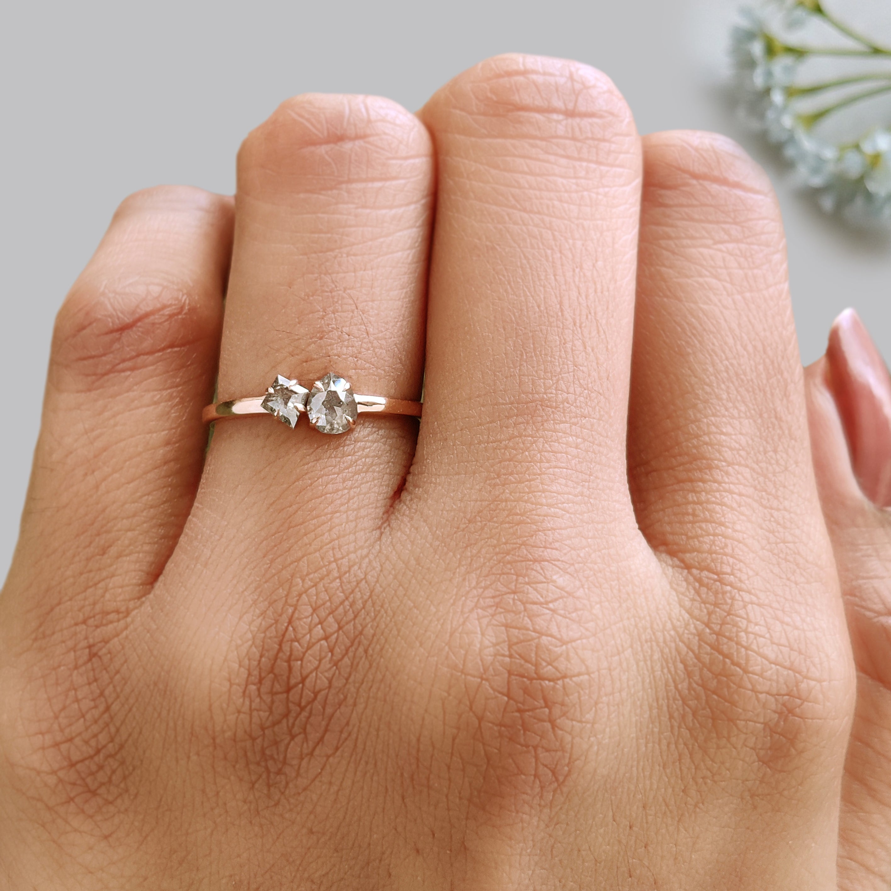 Toi Et Moi Salt And Pepper Diamond Ring 0.32 Ct 4.76 MM Mix Shape Diamond Ring 14K Rose Gold Silver Engagement Ring Gift For Her KDN2397