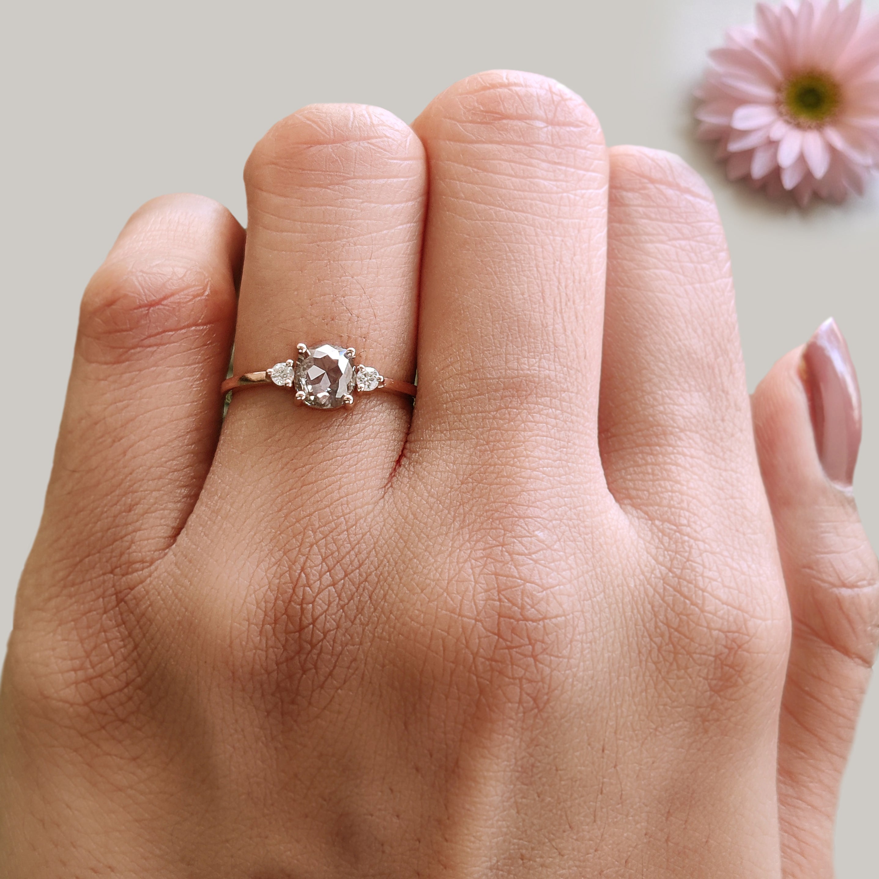 Cushion Cut Salt and Pepper Diamond Ring Natural Diamond Engagement Ring 14K Rose Gold Silver Rustic Unique Bridal Ring Gift for Her KDL533