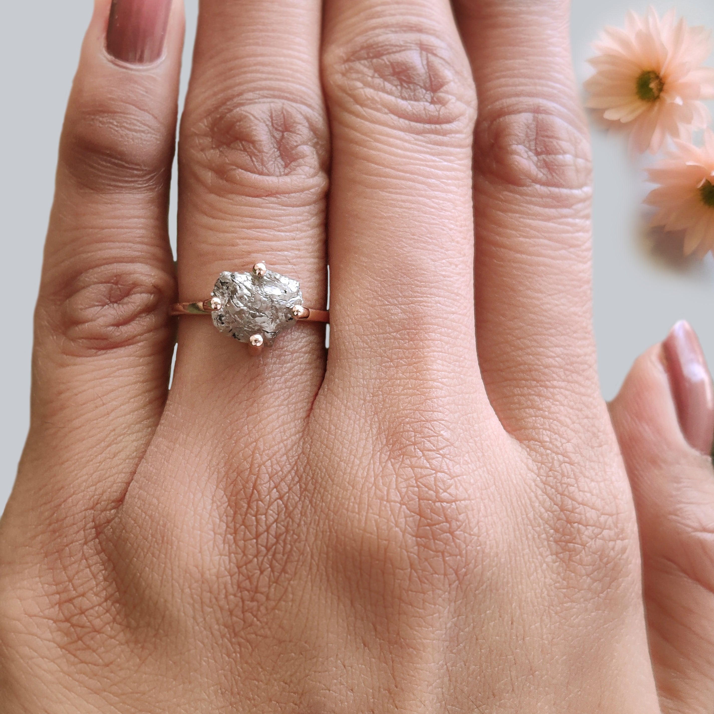 Raw Brown Diamond Ring 9.70 MM, 2.79 Carat Natural Rough Cut Diamond, 14K Rose Gold Engagement Ring, Conflict Free Uncut Diamond KDL9030