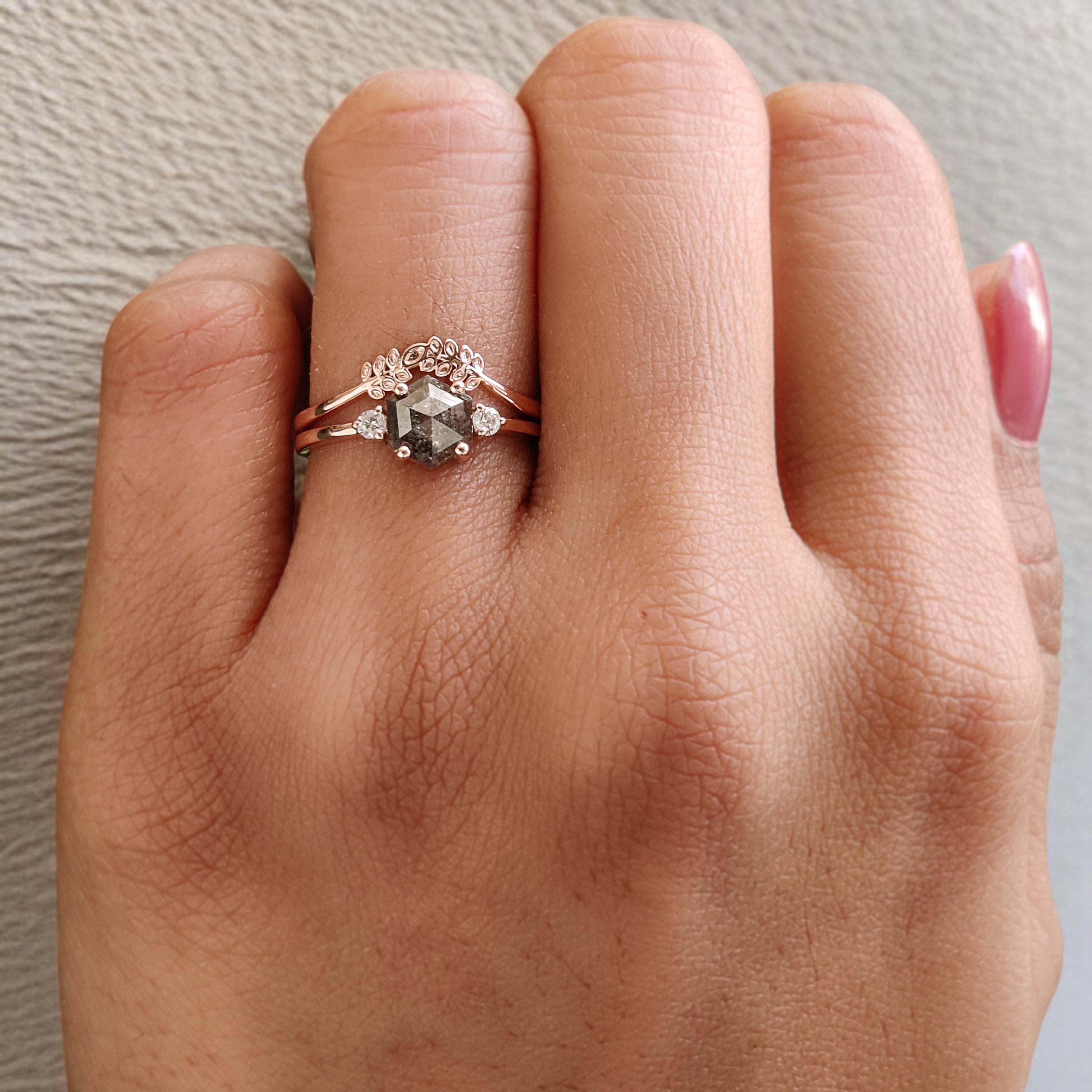 Hexagon Cut Salt And Pepper Diamond Ring 0.84 Ct 6.73 MM Hexagon Cut Diamond Ring 14K Rose Gold Silver Engagement Ring Gift For Her KDL2967