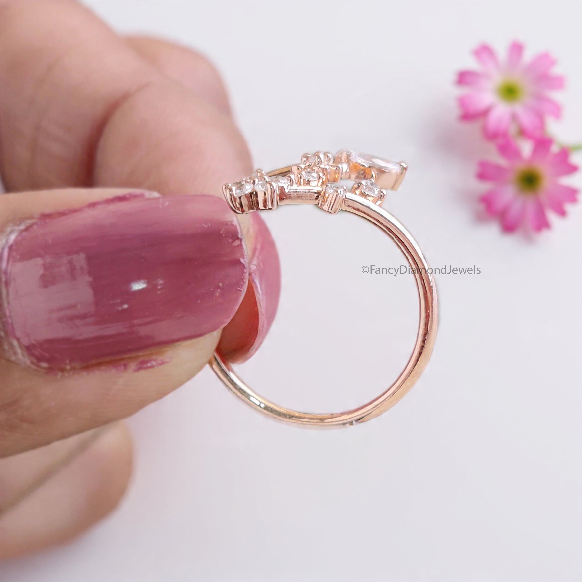 Marquise / Round Cut Wedding Ring Rose Gold Unique Anniversary Ring Spring Flower Ring Adjustable Delicate Personalized Gift For Her FD536