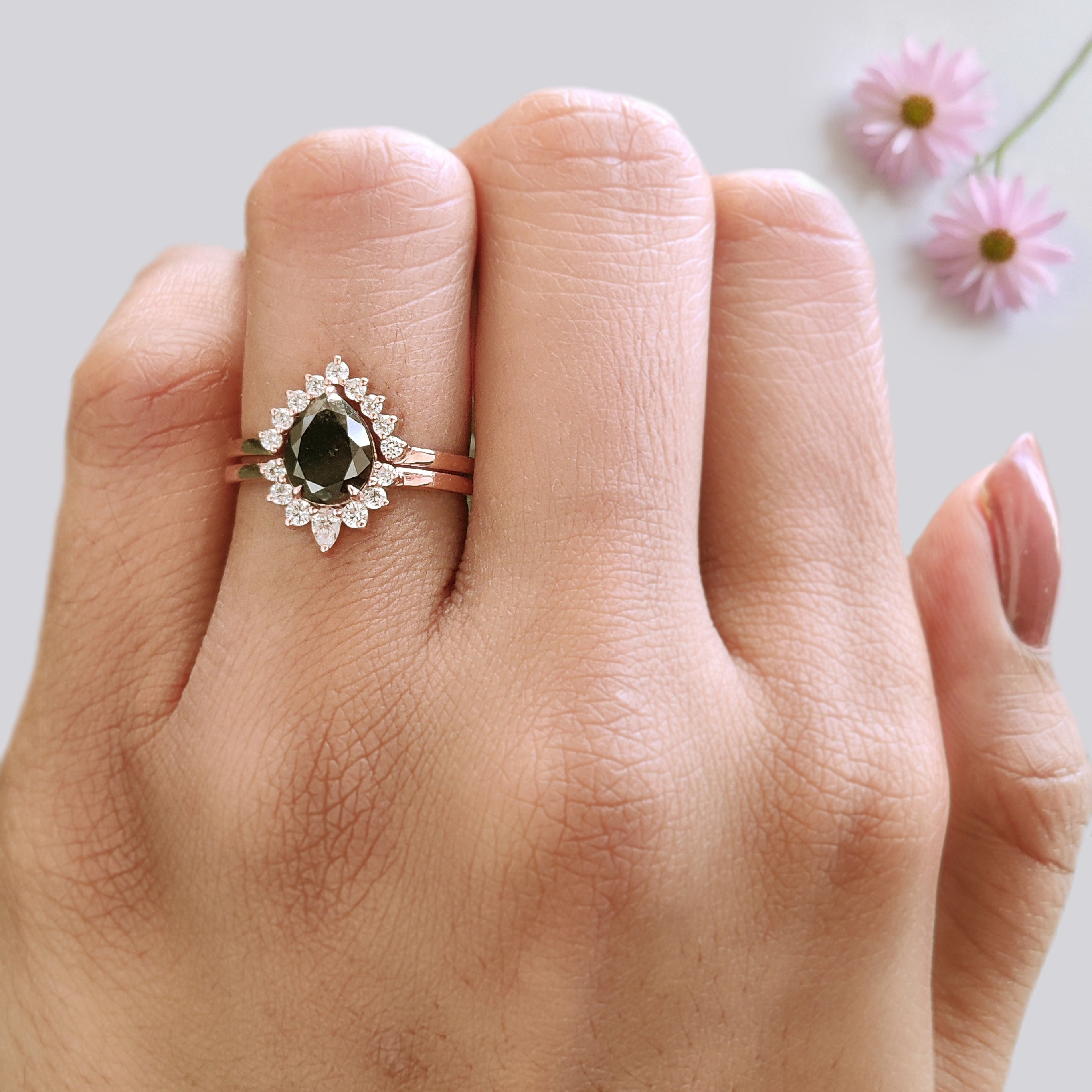 Pear Cut Salt And Pepper Diamond Ring 1.02 Ct 7.95 MM Pear Diamond Ring 14K Rose Gold Silver Pear Engagement Ring Set Gift For Her KDL3002