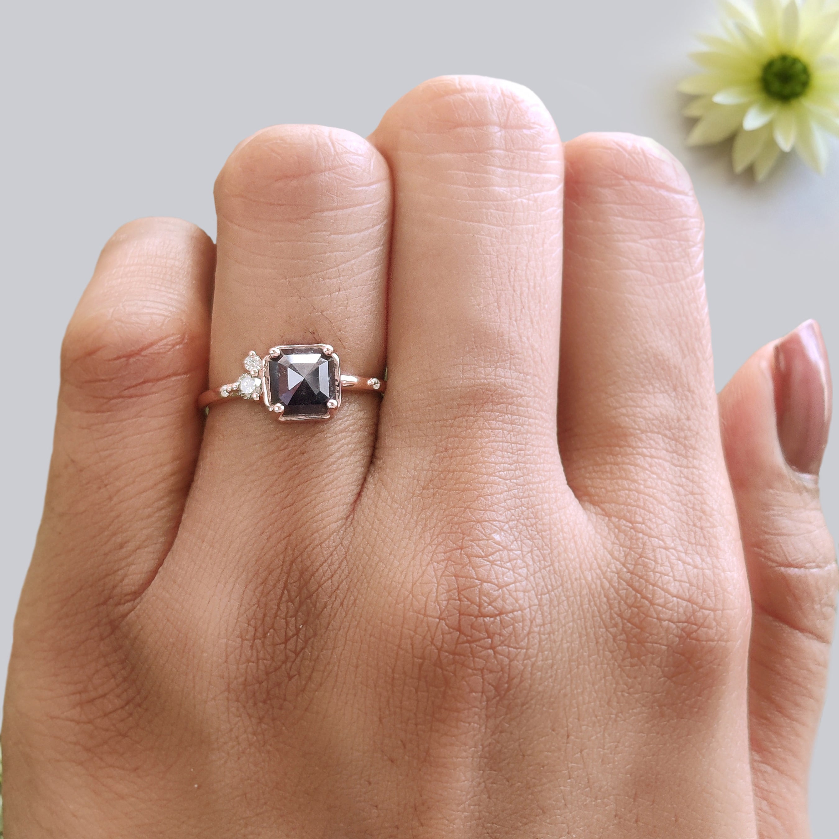 Emerald Shape Salt and Pepper Diamond Ring, Rose Gold Engagement Ring, Unique Bridal Ring, Minimalist Promise Ring Gift for Her KDK1942
